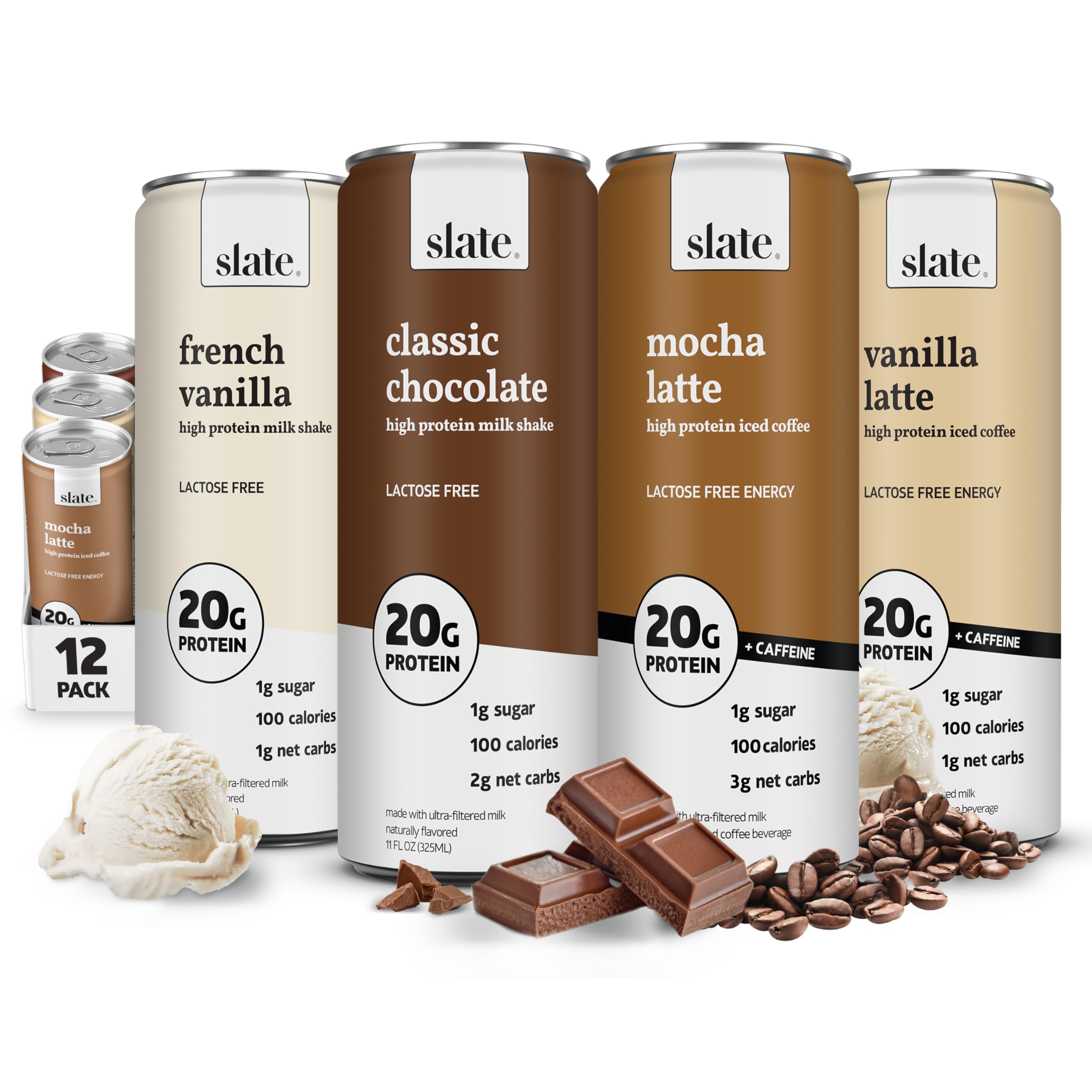 Slate Milk - High Protein Milk Shakes & Iced Coffees - Classic Chocolate, Mocha Latte, Vanilla Latte, French Vanilla -Lactose Free,20g Protein,1g
