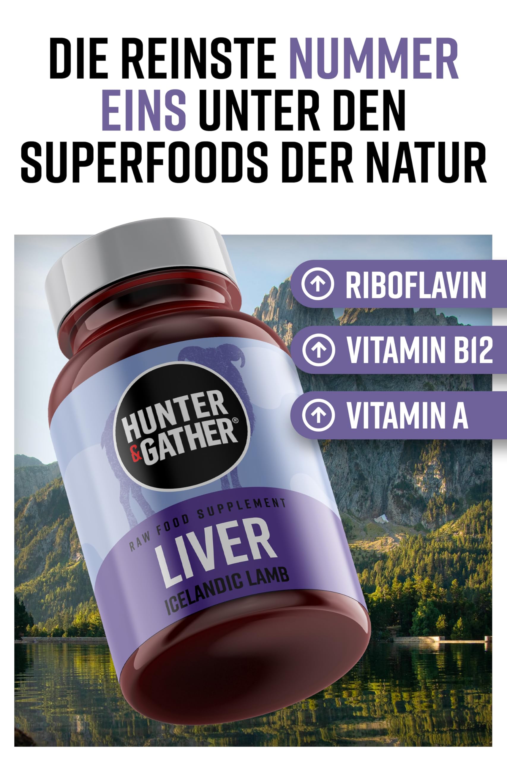 Hunter & Gather Lammleber 90 Kapseln | Ernähungsergänzung aus freilebenden, grasgefüttertem isländischen Lamm | 100% rohe gefriergetrocknete Lammleber | Keine GMV-Fütterung, Antibiotika oder Hormone