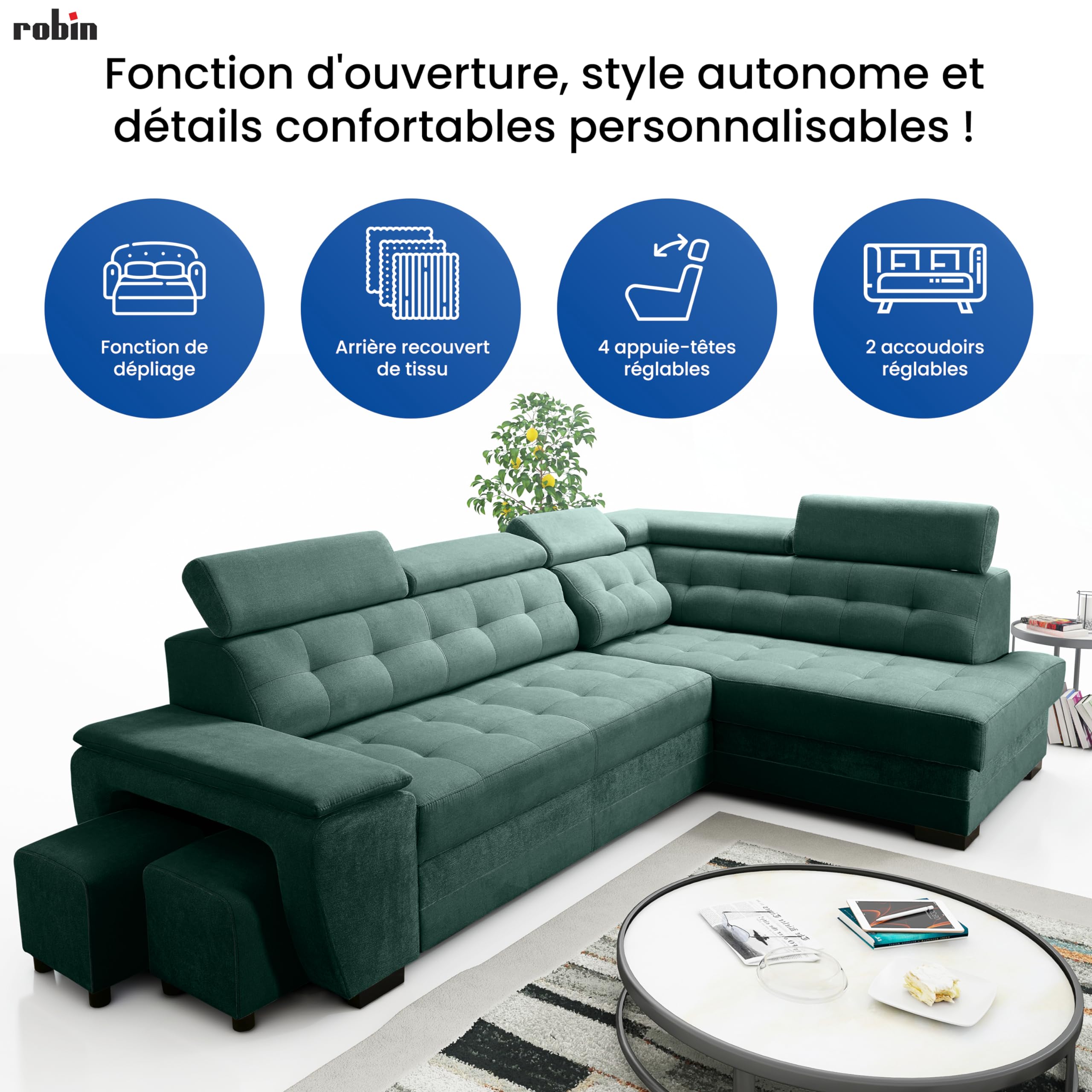 Robin Inspire Grand canapé d'angle Convertible avec Coffre de Rangement et Deux tabourets - Canapé d'angle autoportant en Forme de L - Appuie-tête réglables