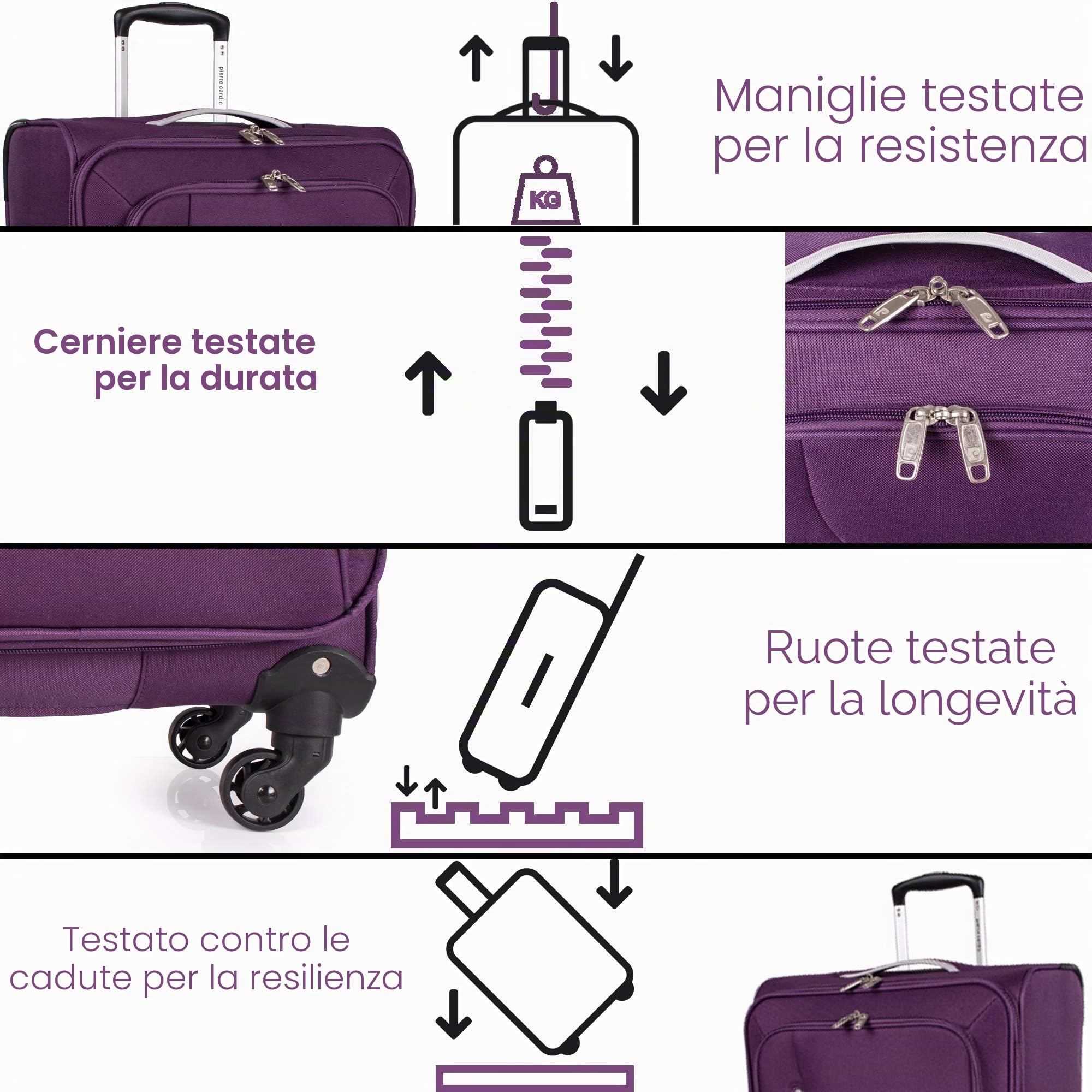 Pierre Cardin Cion CL610M - Valigia con lati morbidi e ruote resistenti testate contro lo stress, con maniglia telescopica e cinghie di imballaggio, Viola & Grigio Chiaro, M, M: 69 cm
