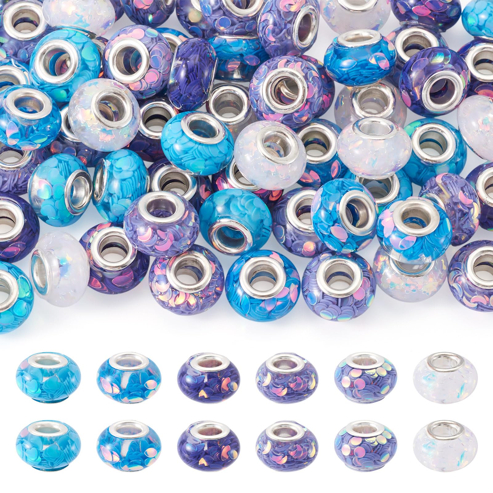 60Pcs Purple Resin European Beads Large Hole Resin Beads Colorful Rhinestone Craft Bead Fairy Wand Garden Bead for Pen Bracelet Earring Jewelry Making