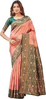 Women’s Banarasi Silk Saree with Rich Pallu, Jacquard Zari Weaving Work & Unstitched Blouse Piece, Traditional Ethnic for Wedding, Party & Festive Occ