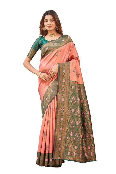 Women’s Banarasi Silk Saree with Rich Pallu, Jacquard Zari Weaving Work & Unstitched Blouse Piece, Traditional Ethnic for Wedding, Party & Festive Occasion