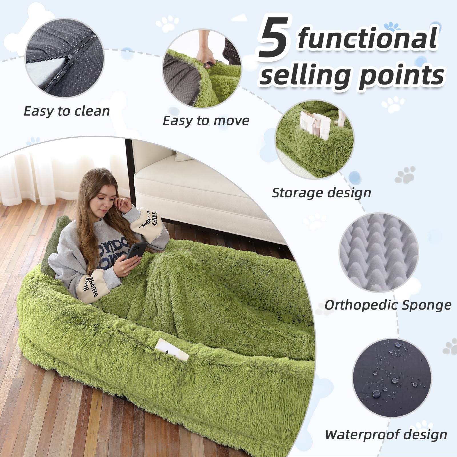 Human Dog Bed, 71''x45''x12'' Size Fits You and Pets, Washable Faux Fur Pet Bed for People Doze Off, Napping Orthopedic Dog Bed, Present Plump Pillow, Blanket, Strap - Pink: 71.0"L x 45.0"W x 12.0"Th GrassGreen