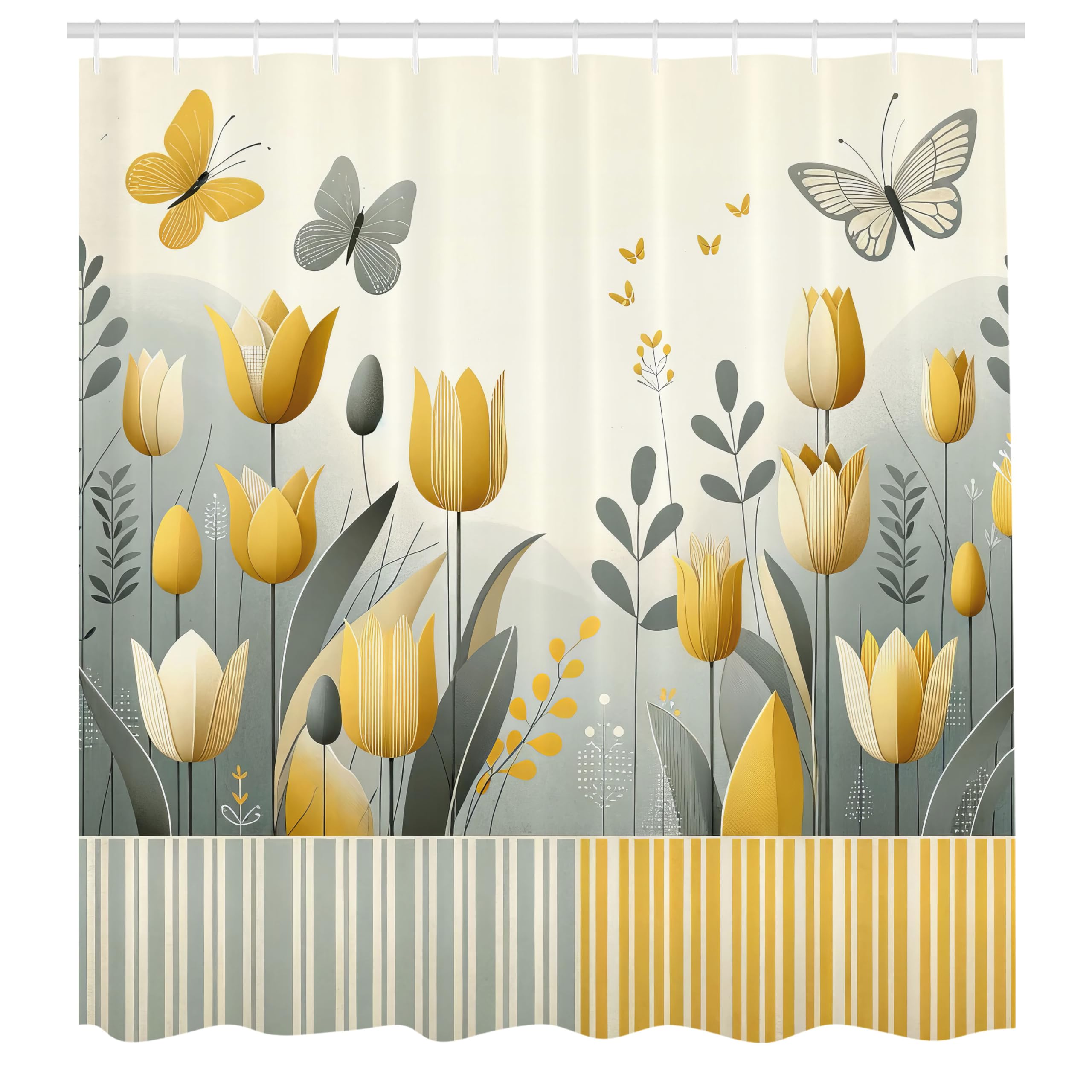 ABAKUHAUS Yellow Shower Curtain, Modern Scandi Garden Scene, Cloth Fabric Bathroom Decor Set with Hooks, 175 x 180 cm, Apricot Purple Blue Beige