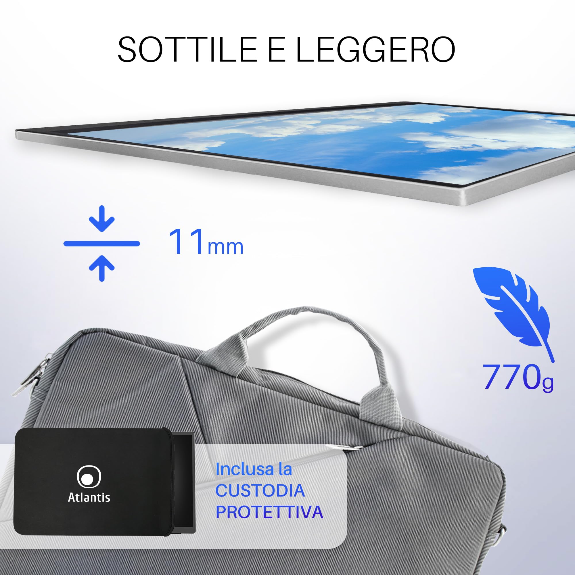 Atlantis Monitor Portatile TouchScreen 16” IPS Full HD HDMI/USB-C, inf 1 kg | Speaker 2x1W, inclinazione regolabile, Pivot, per notebook e console, cavi inclusi, cod. A05-P156LPT