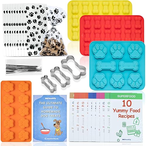BoneItUp Dog Treat Making Kit – All-in-One DIY Cookie Set with Reusable 4 Silicone Dog Treat Molds, 3 Cutters, 10 Recipes & Gift Bags – Make Healthy Homemade Treats for Dogs