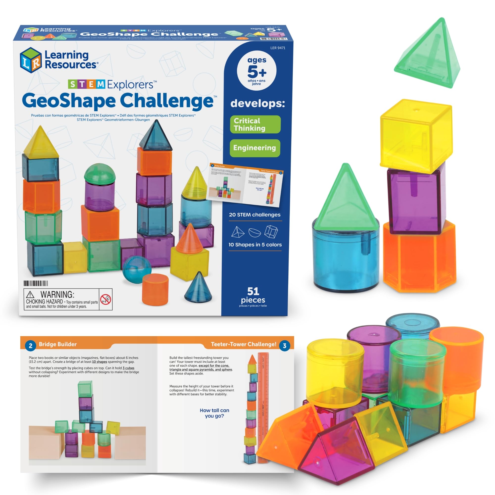Learning Resources STEM Explorers GeoShape Challenge 3D Geometry Shapes Set, 50 Pieces, Maths Manipulatives, KS1 KS2, Spatial Reasoning Toy, Classroom & Homeschool Activity, Age 5+