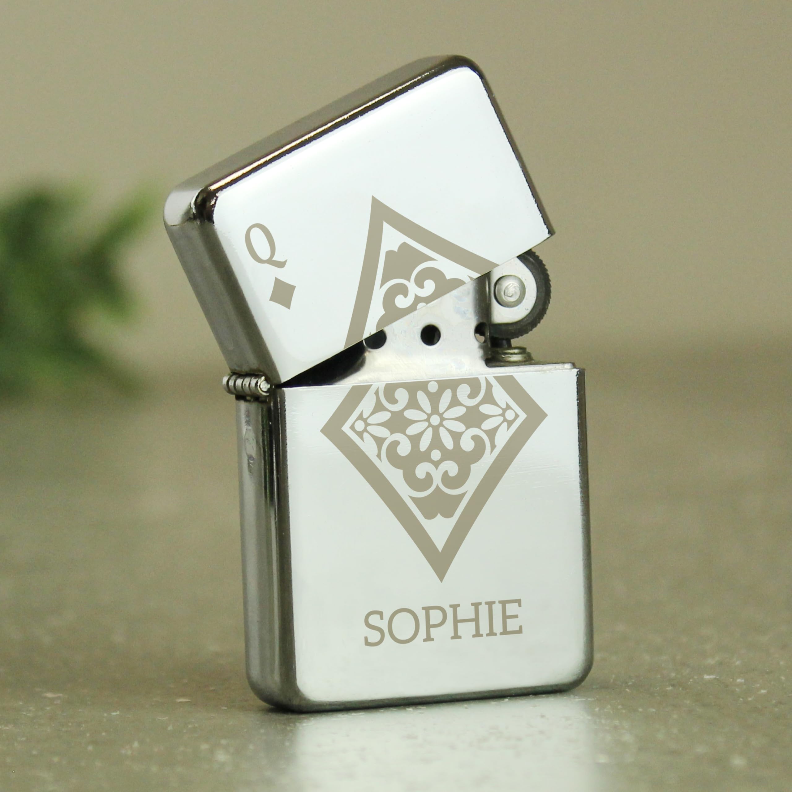 Personalised Memento Silver Personalised Queen Of Diamonds Diamante Petrol Lighter