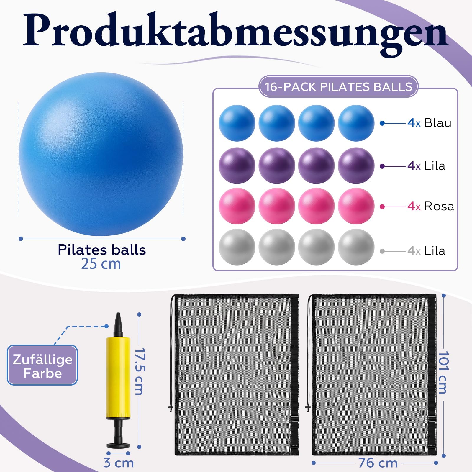 BBTO Juego de 16 Pelotas de Pilates 25 cm Tamaño Pequeño Antideslizantes, a Prueba de Explosiones con Red y Dispositivo de Inflado para Fitness Equilibrio y Fisioterapia (Azul, Morado, Rosa, Gris)