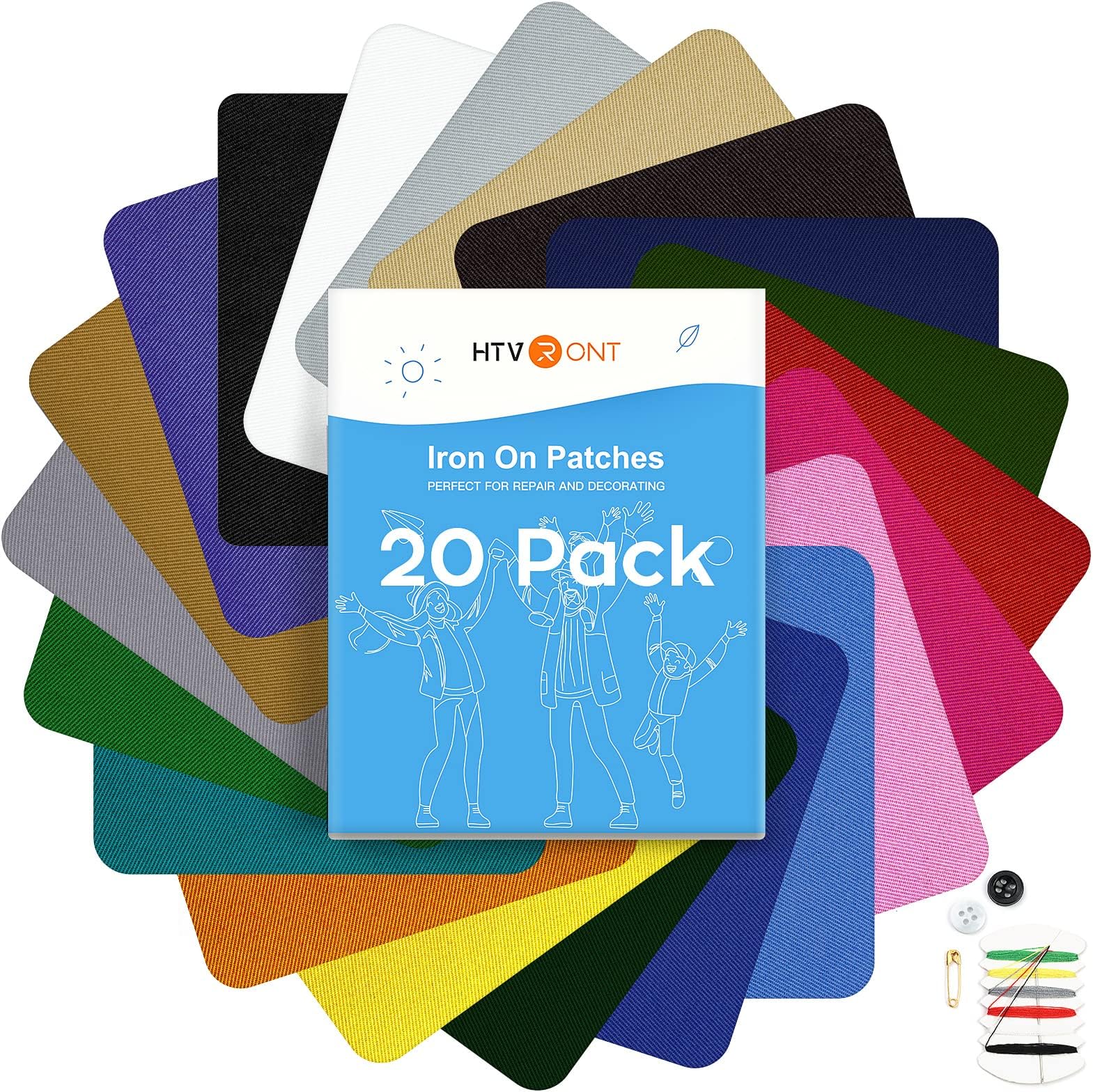 HTVRONT Iron on Patches for Clothing Repair, 20 PCS Multi-Colored Fabric Patches for Clothes Repair, 20 Shades Iron Patches for Clothes, Clothing Repair Decorating Kit 3.7" by 4.9"