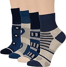 7BIGSTARS KINGDOM Women's Cotton Diabetic Patterned Extra Wide Quarter Socks - 4 Pack Large - Seamless Heart - Sock Size 10-12 Shoe Size 8-12 L Dark Navy, Light Navy, Denim Blue, Ecru