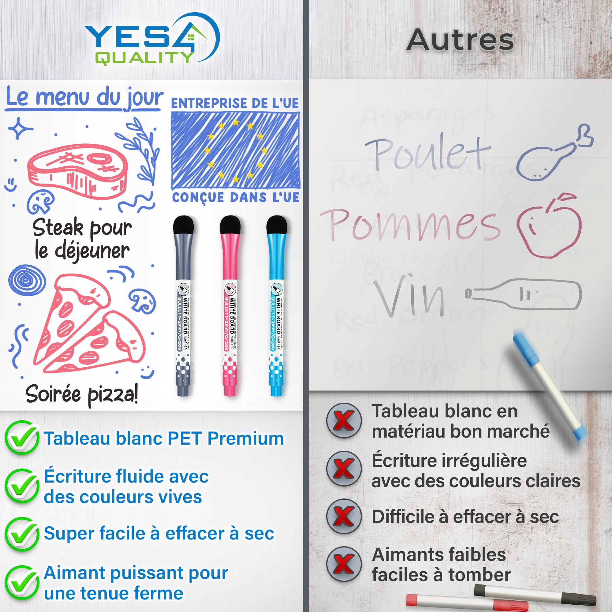 Tableau blanc magnétique effaçable à sec extra large pour réfrigérateur - A3 / 43 x 28 cm - Anti-taches avec 3 marqueurs et une grande gomme aimantée - par Yes4Quality