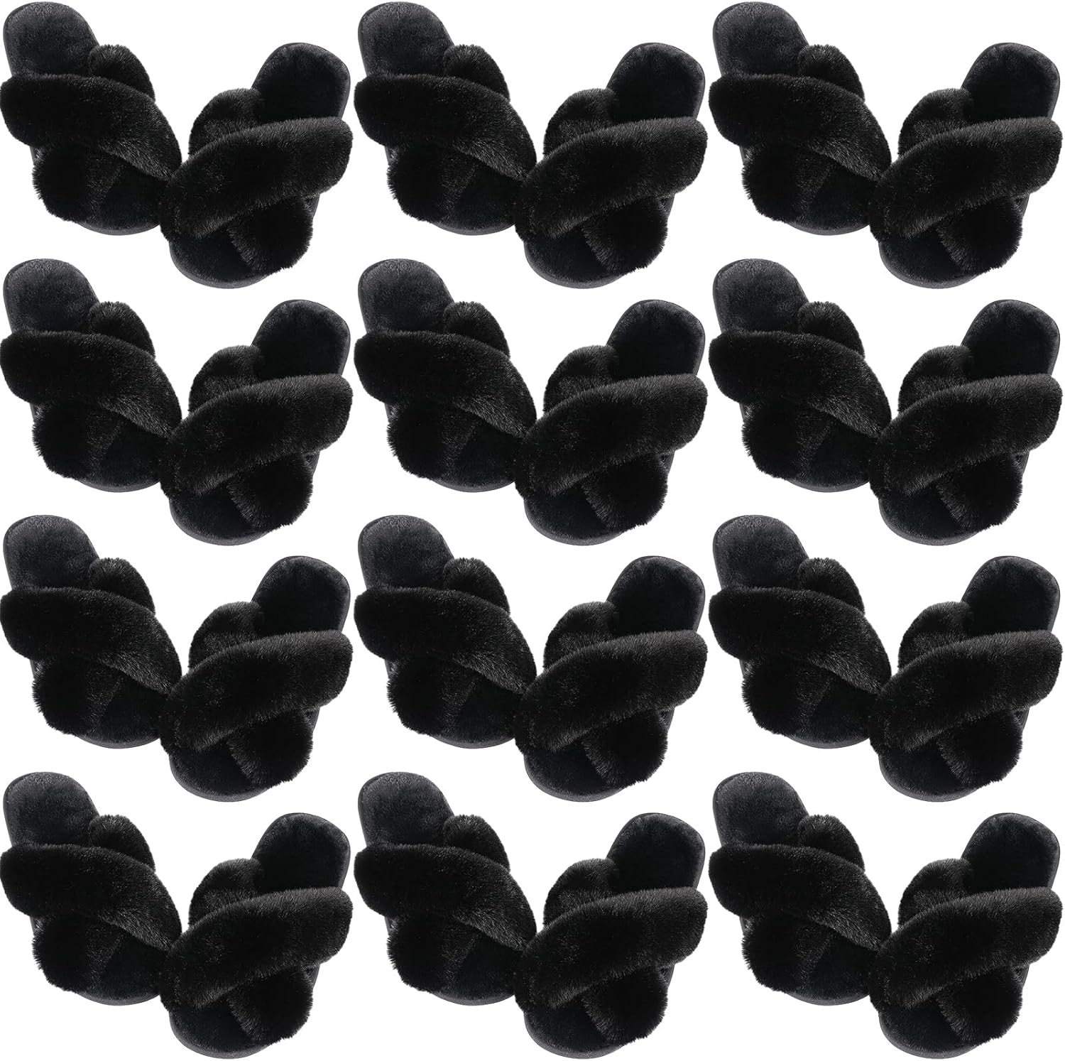12 Pairs Women's Fuzzy Slippers Cross Band Open Toe Bridesmaid Slippers Fluffy Comfy House Slippers for Indoor Outdoor Wedding Black Size 7-8
