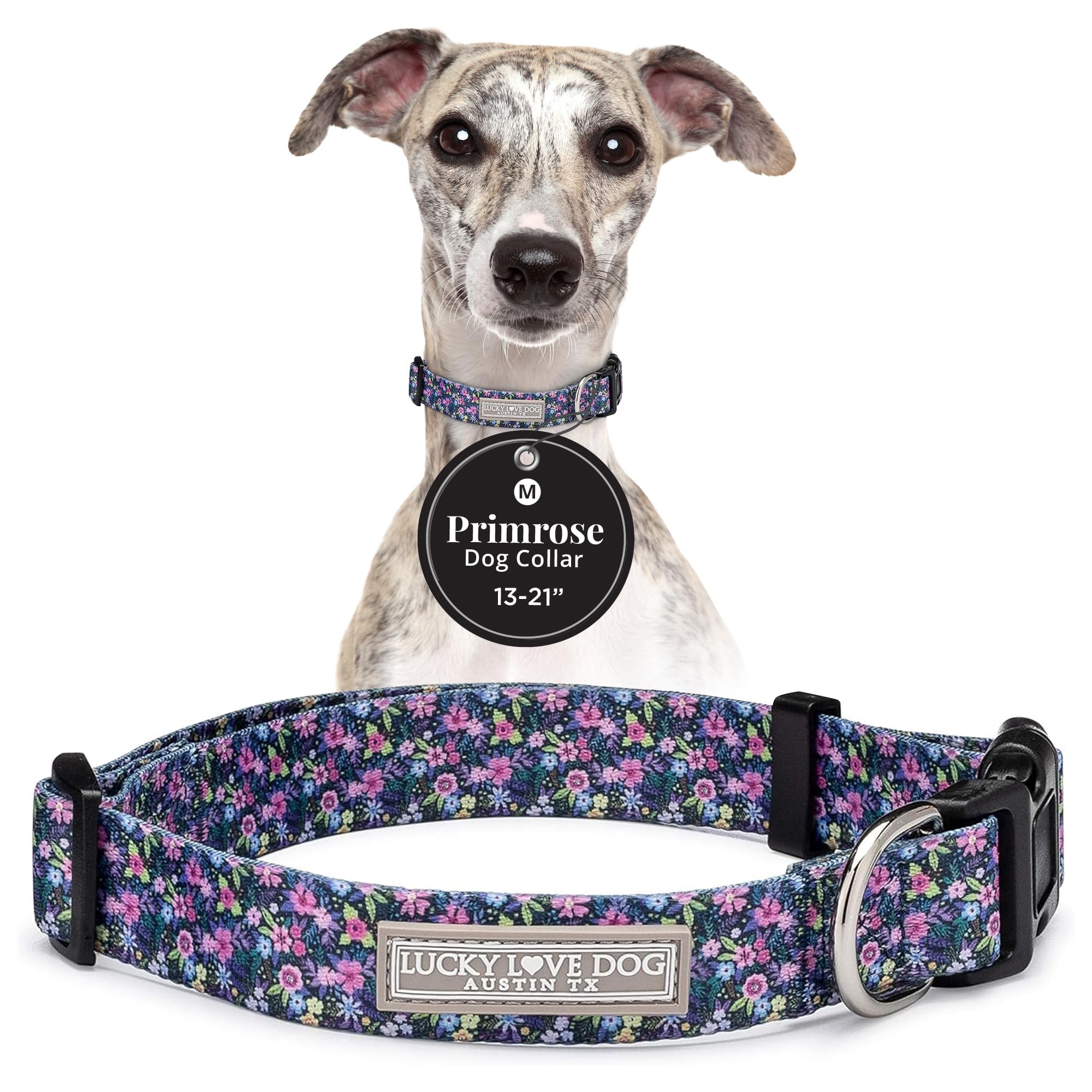 Lucky Love Dog, Comfortable, Soft, Cute Female Dog Collar for Medium Dogs, Black & Purple Floral Print, Adjustable Nylon Collar, Primrose, Medium