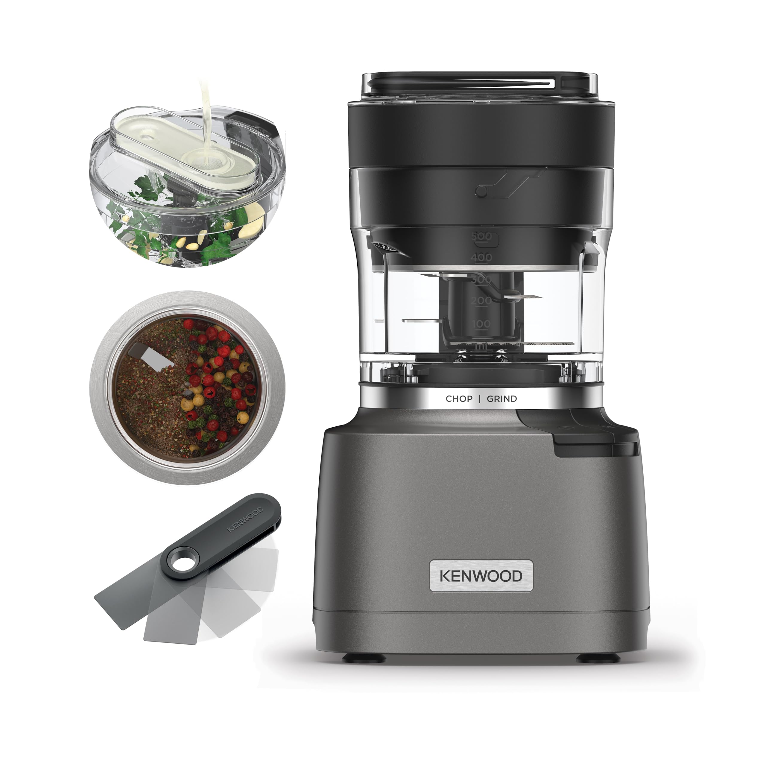 KENWOOD 2-in-1 Chopper + Grinder 800W Powerful Metal Grinder and Electric Chopper with Eversharp Quadblades, Dripper Pro, Spatula for Wet Chopping & Dry Grinding CHP80.000SI Grey