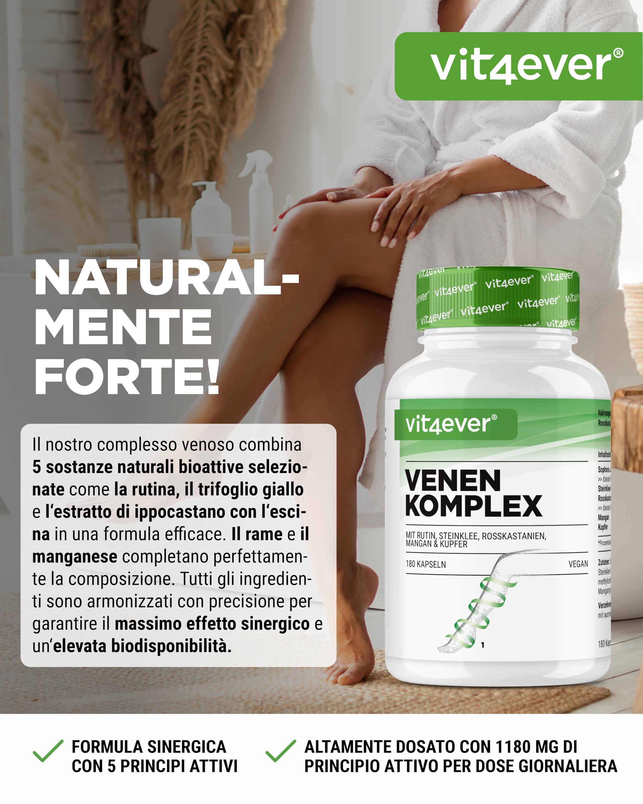 Complesso venoso - 180 capsule - Scorta di 3 mesi - Alto dosaggio di rutina, trifoglio, estratto di ippocastano, manganese, rame - Estratti pregiati - Vegan