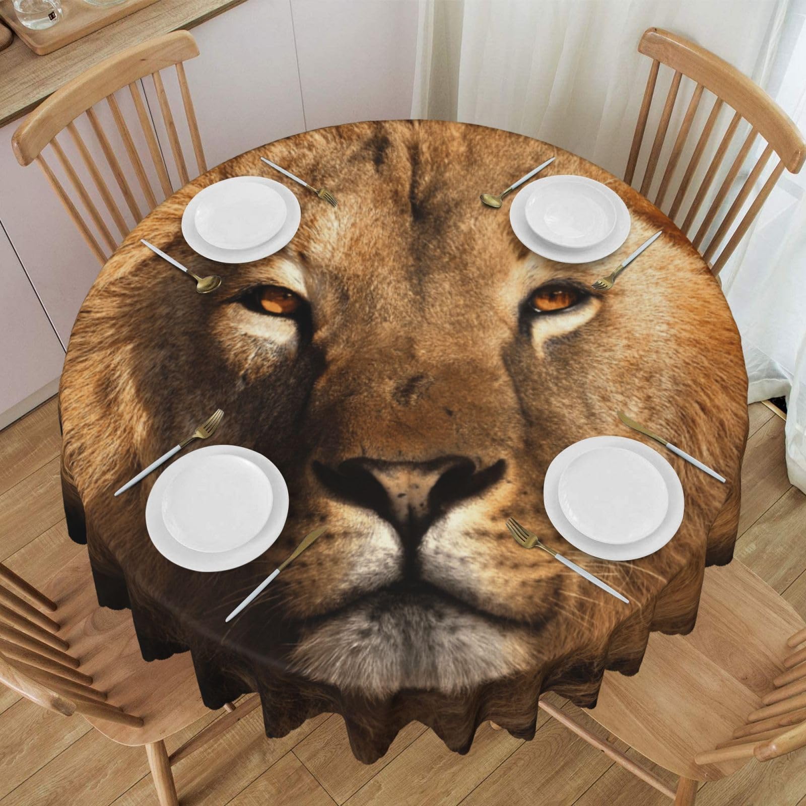 DCEHGEW 60 In Round Tablecloth with Lace, African animal lion Printed Oilproof & Washable Fabric Picnic Table Cloth Table Covers