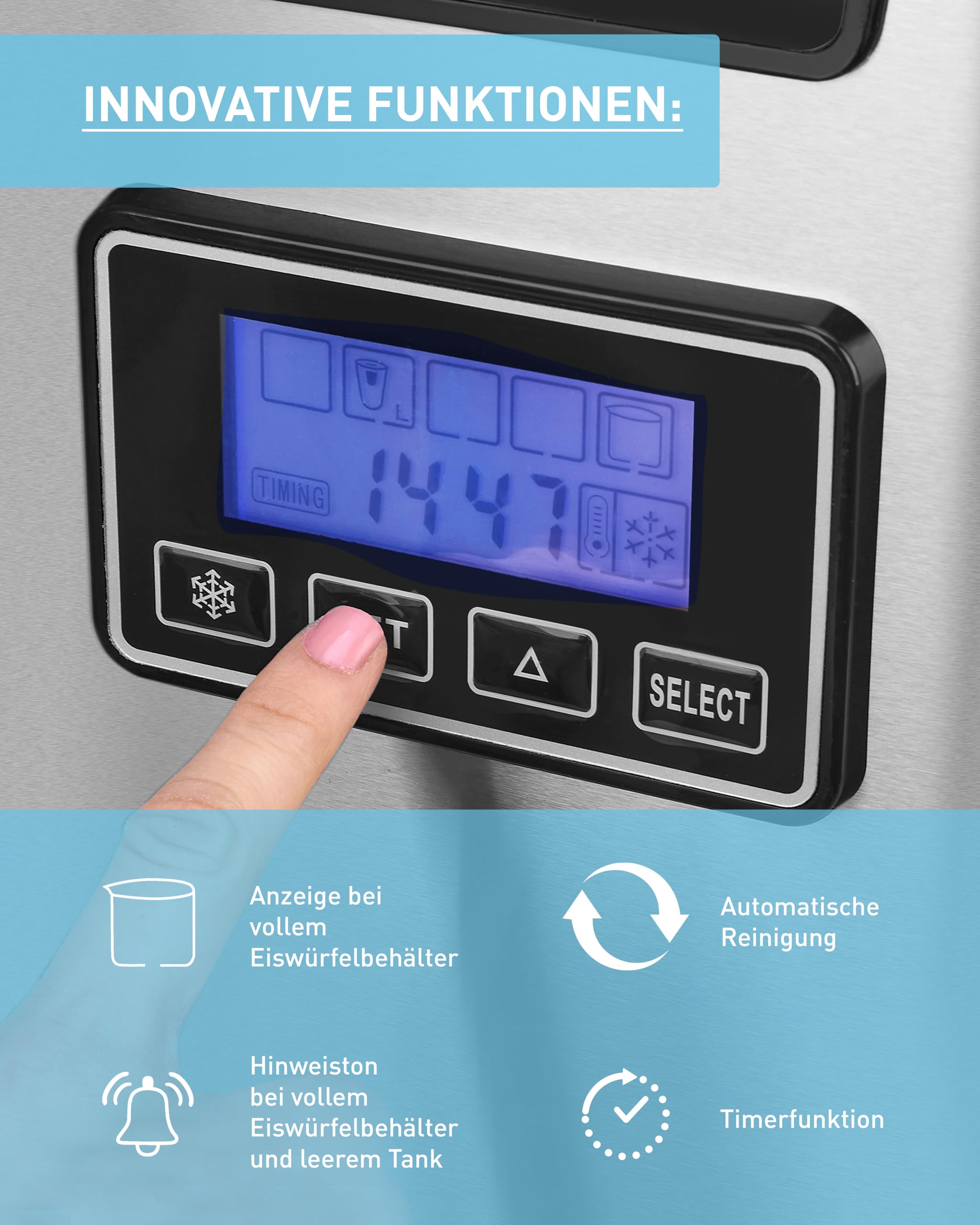 HEINRICHS Eiswürfelmaschine, Eiswürfelbereiter mit Timer, 3 einstellbare Eiswürfelgrößen, LCD-Display, 2,2 Liter Wassertank, Selbstreinigungsfunktion, Edelstahl, 120 W Leistung Heinrich´s
