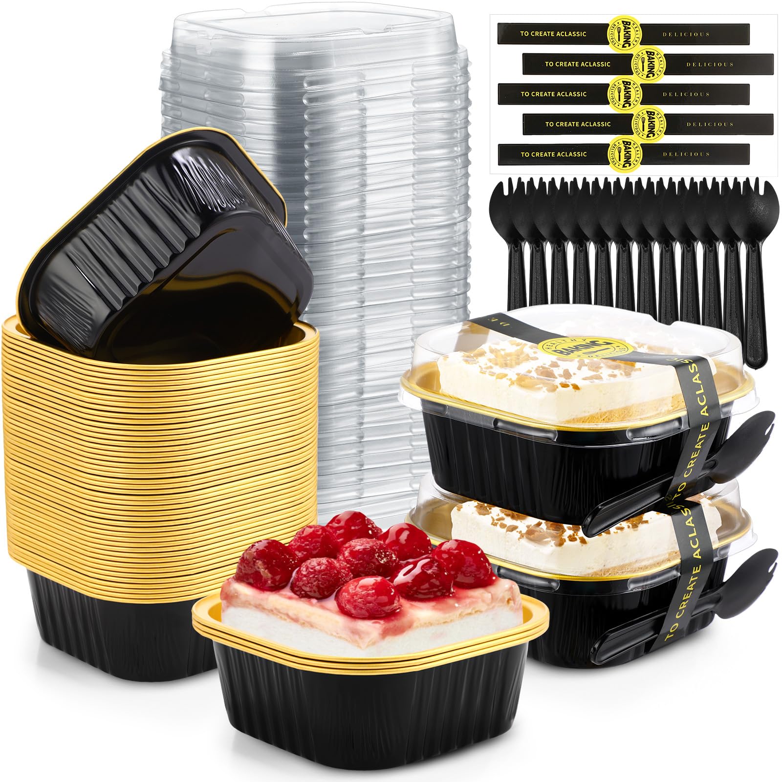 Tazas para hornear para fiestas Sliner, moldes de aluminio oro negro de 10 oz con tapa, 100 pzas.