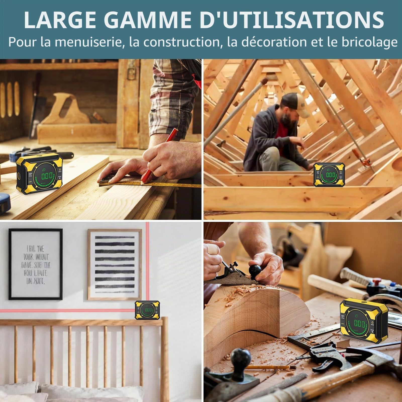 Inclinomètre Numérique 3-en-1 avec Laser Croix, Niveau Rechargeable Type-C, Angle 4x90° & 2x180°, Magnétique Haute Précision 0.05°, Outil pour Menuiserie, Scie, Bricolage, Tableaux