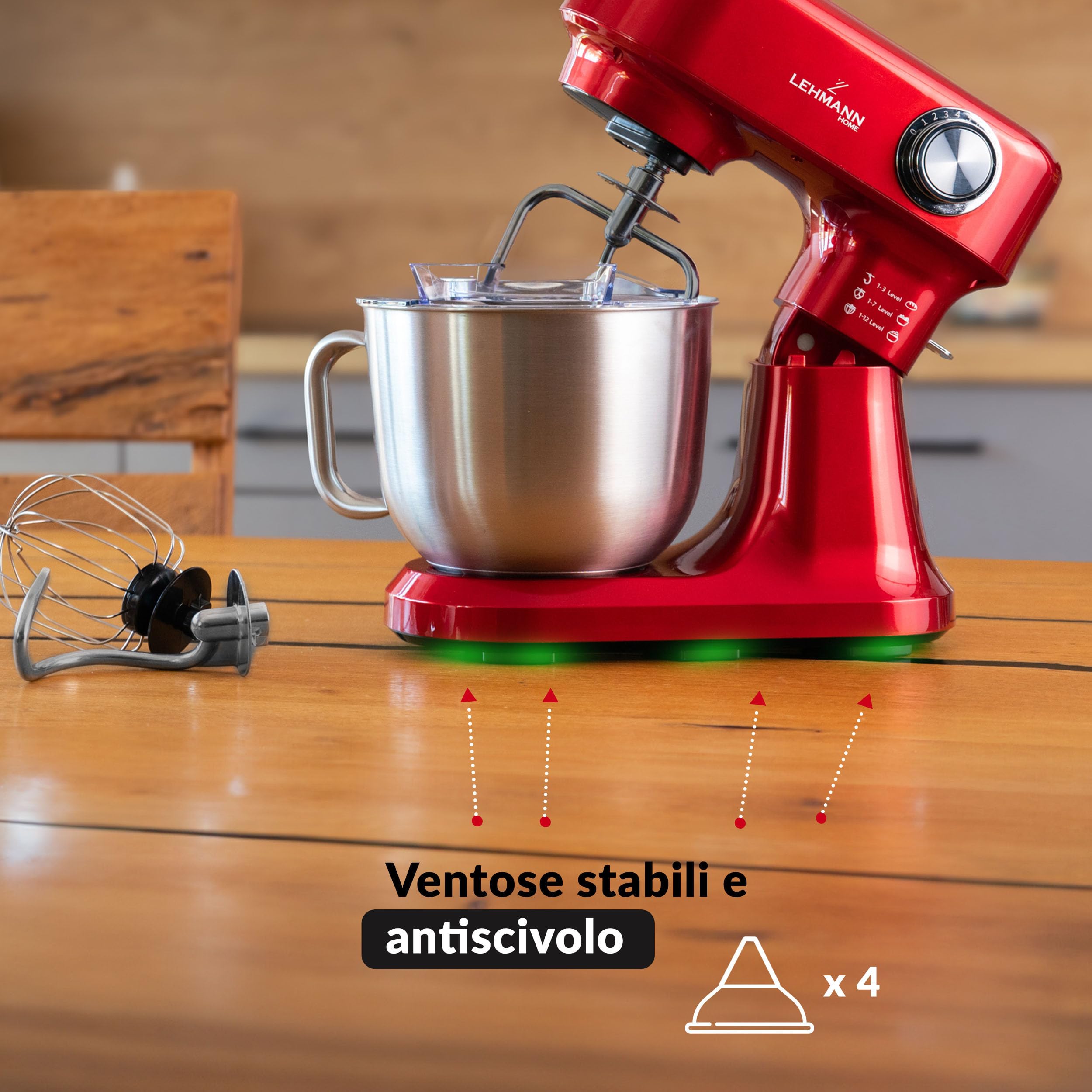 LEHMANN Impastatrice Planetaria con 12 Velocità, Ciotola 5 L, Accessori - Frusta, Gancio Impastare e Mescolatore, ideal Impastatrice per Pizza, Pane e Dolci, Rosso