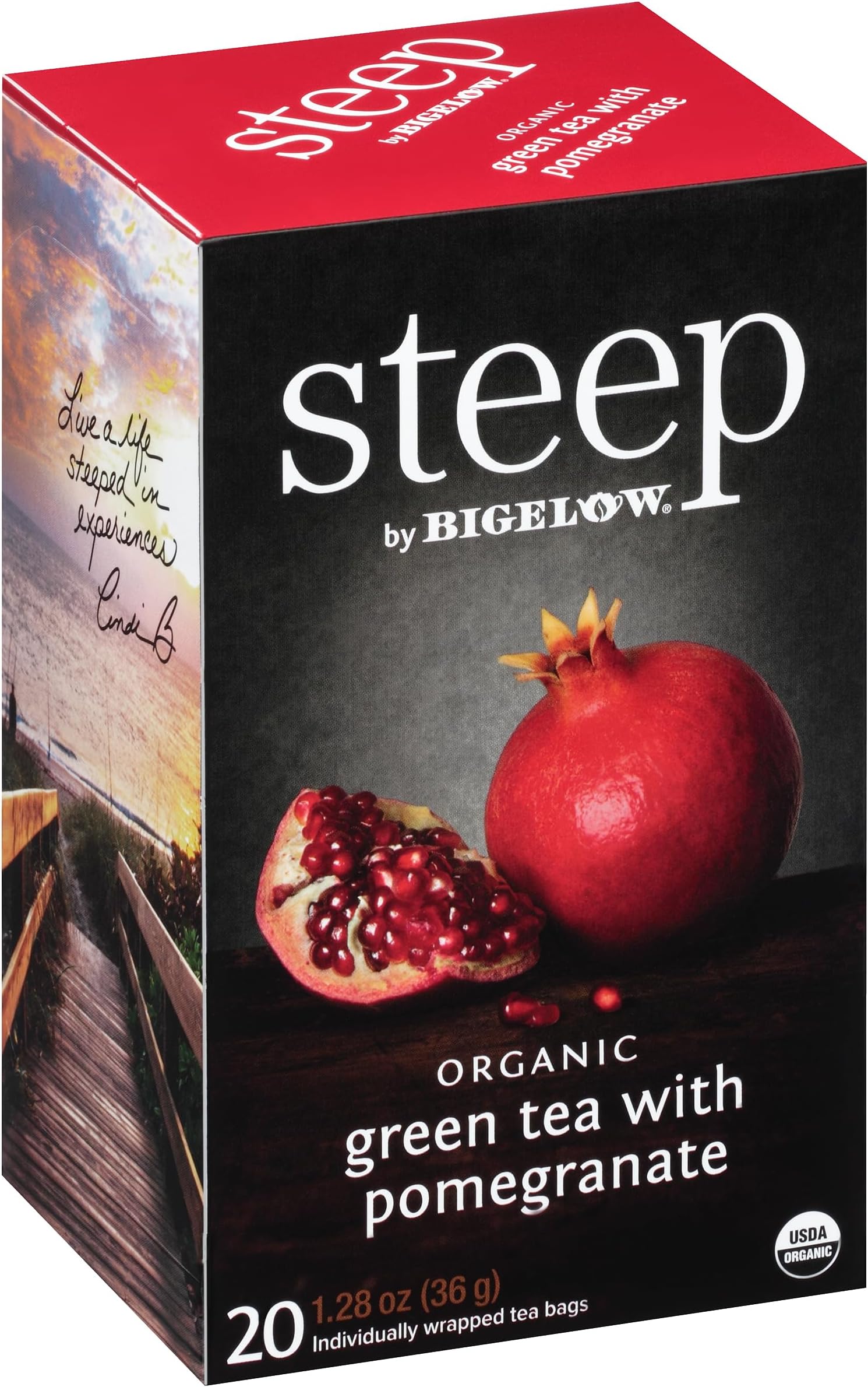 steep by Bigelow Organic Green Tea with Pomegranate, Caffeinated, 20 Count (Pack of 6), 120 Total Tea BagsUSDA Organic