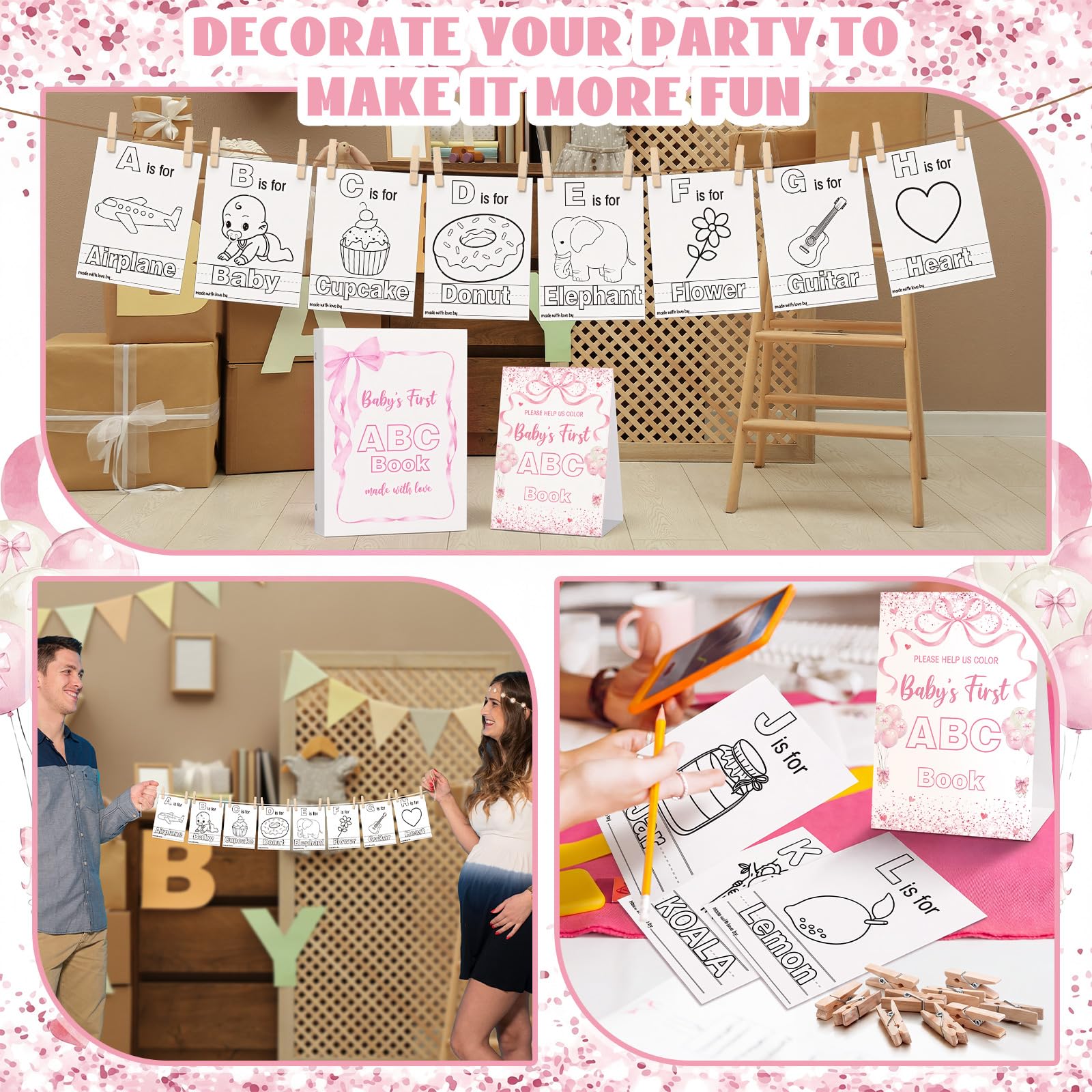 Pink Bow First Abc Book Baby Shower Attività Keepsake per adulti Baby Shower Abc Coloring Guest Book Alternativa 26 Alfabeto dalla A alla Z Carta da colorare con 24 matite 60 Mollette