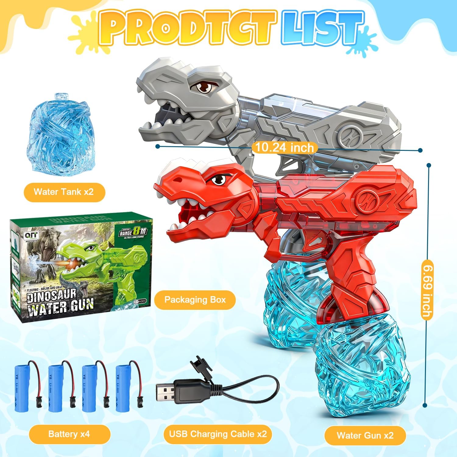 Electric Water Gun 2 Pack, Automatic Squirt Gun Dinosaur Design for Kids Adults, Powerful 26FT Long Range Water Pistol with Flash High Capacity Watergun Toy for Summer Outdoor Pool Backyard