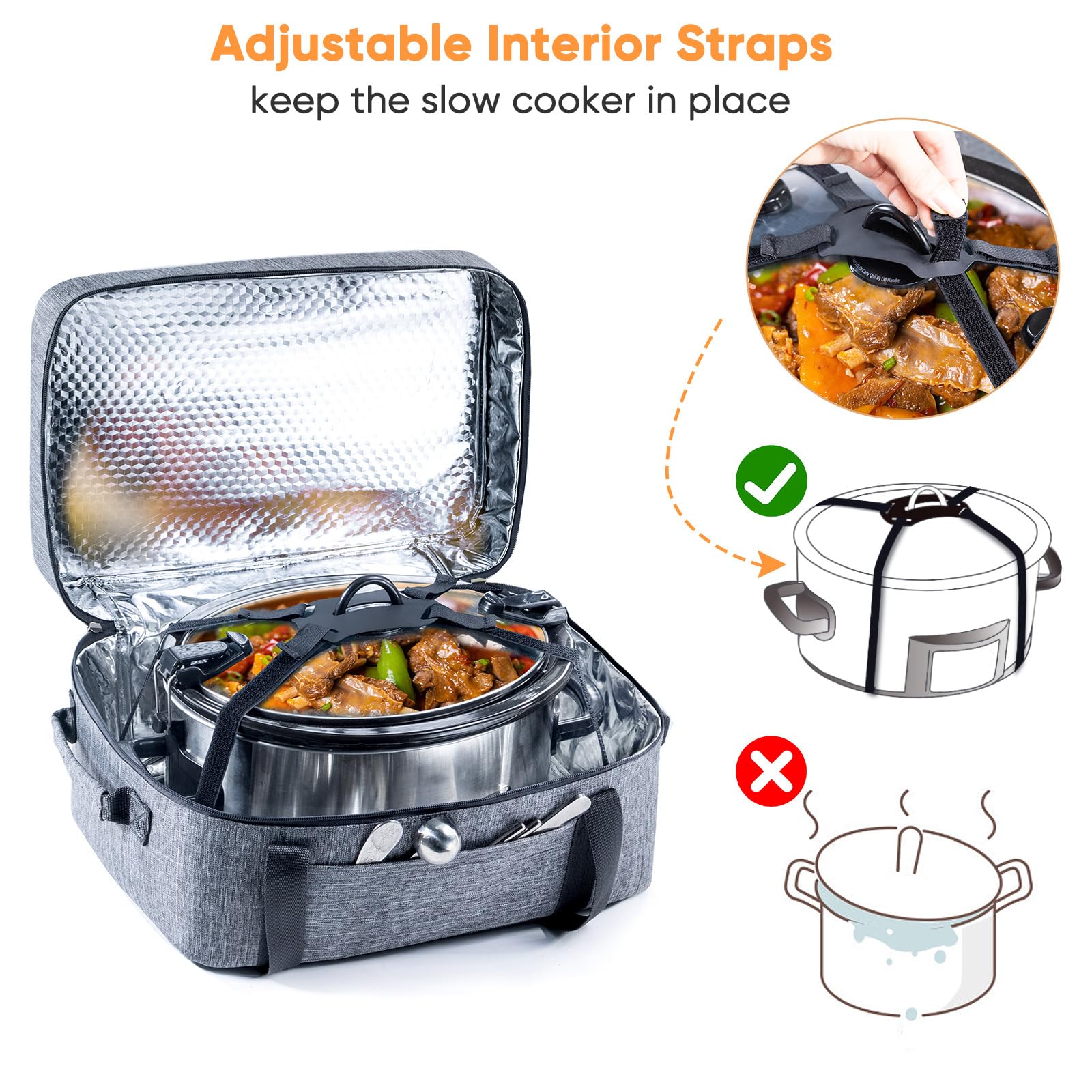 BAGSPRITE Double-Layer Slow Cooker Carrying Bag for 6-8 Quart CrockPot and Hamilton Beach Slow Cooker, Travel Bag with Lid Fastener for Crock-pot, Portable Carrier Case Slow Cooker Bag, Grey