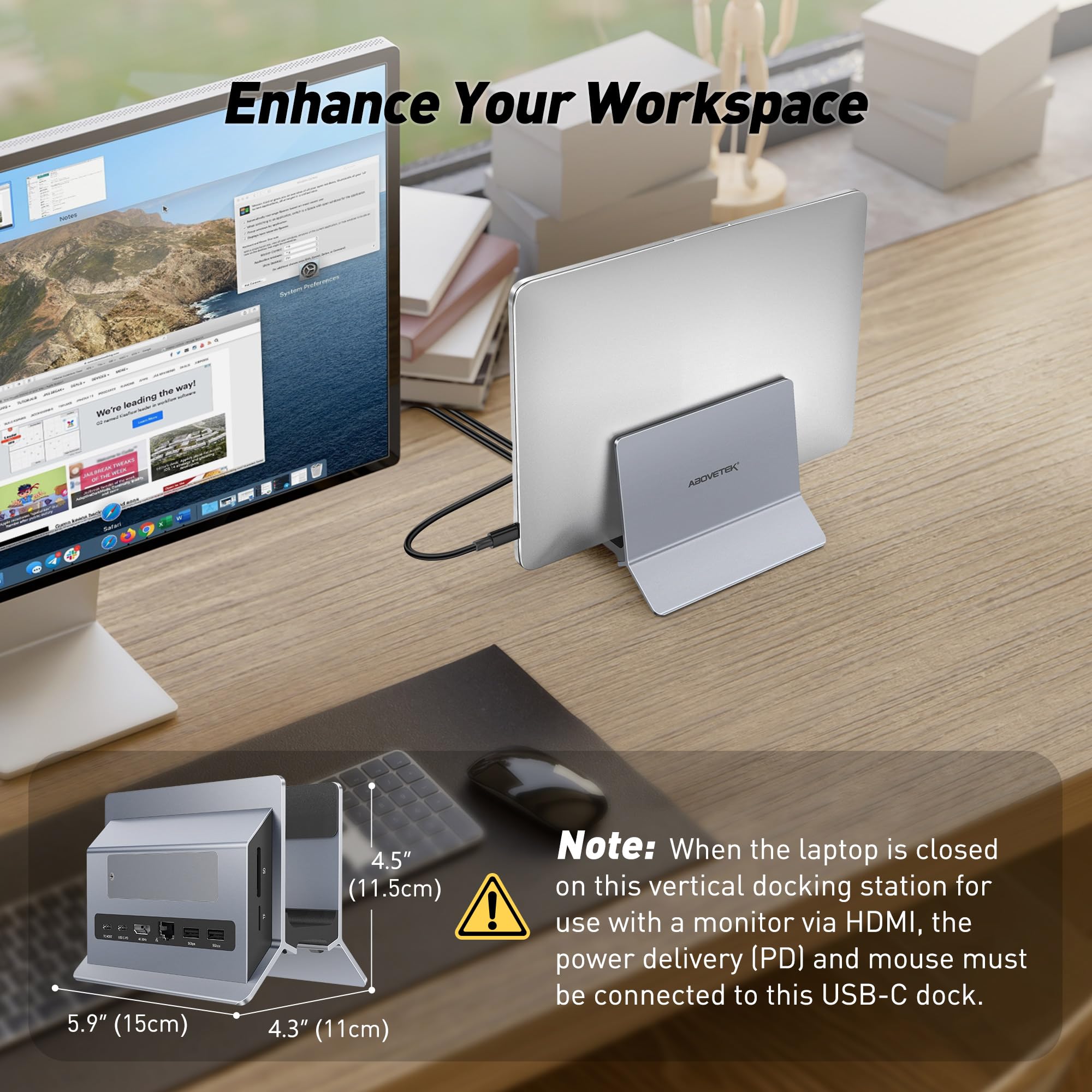AboveTEK Docking Station USB C con Expansión SSD M.2, 4K HDMI Vertical Dock Station con 2 USB C 10Gbps, 2 USB A, PD3.0, Ethernet, SD/TF para MacBook Pro/Air