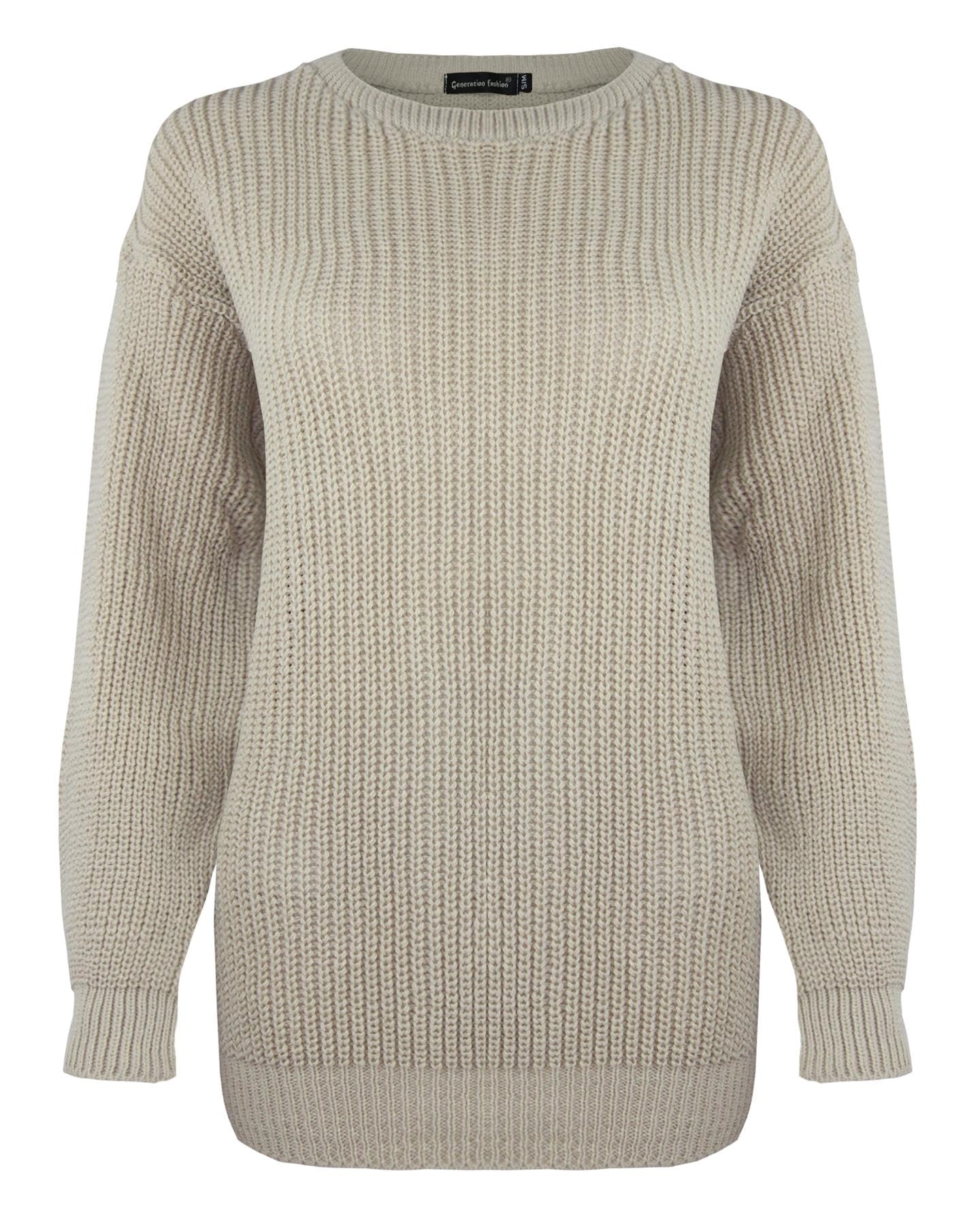 Generation Fashion New Ladies Women Oversized Long Sleeve Knitted Baggy Jumper Sweater Crew Neck Pullover Top[Stone,LXL]