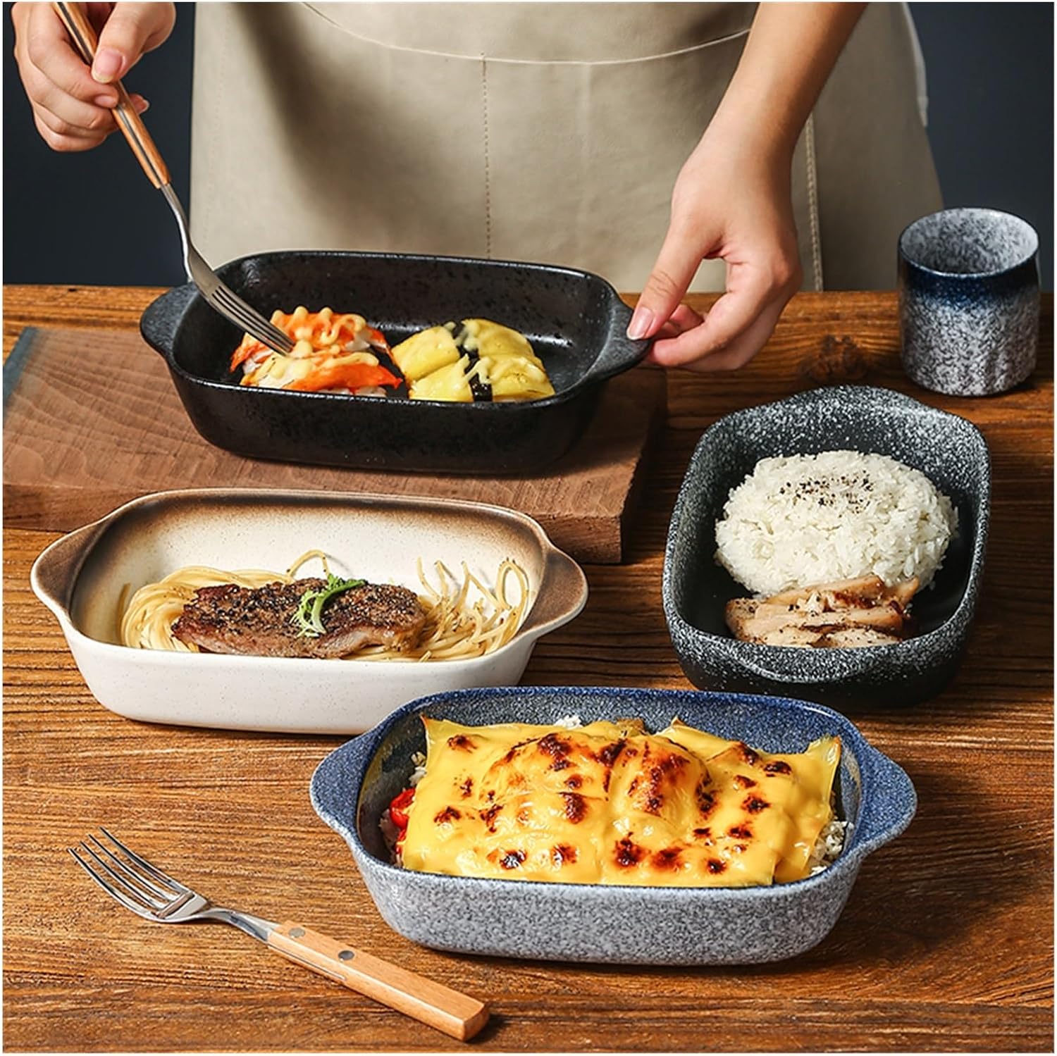 Baking Dish Double Baking Dish Ceramic Cheese Baking Bowl Ovenware With Tray Rectangular Baking Dish Lasagna Pans (Color : H)