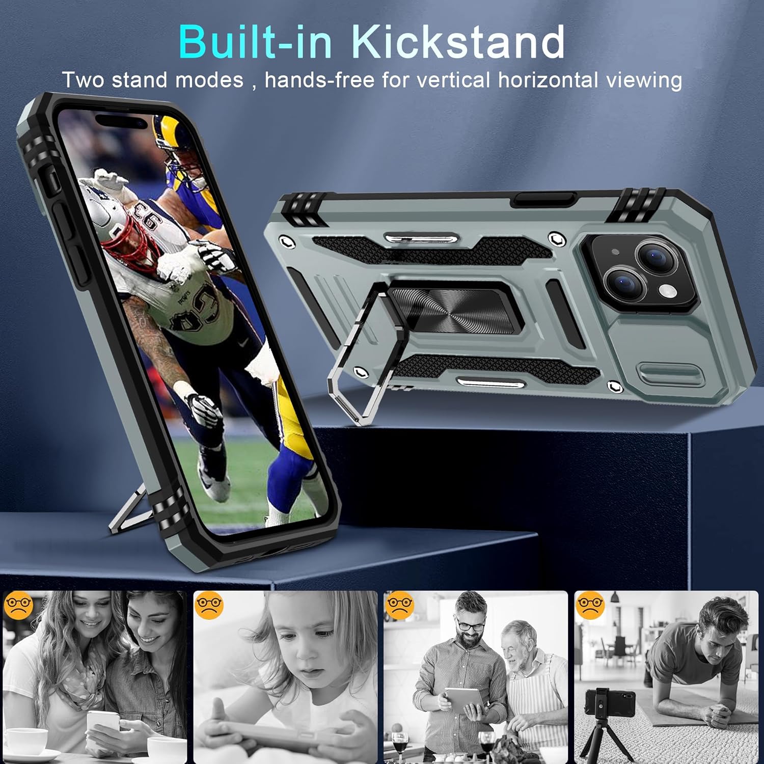 DEERLAMN Case for iPhone 15 Plus with Slide Camera Cover+Screen Protector(1 Pack), Rotated Ring Kickstand Military Grade Shockproof Protective Cover 6.7 Inch-Grey - Image 5