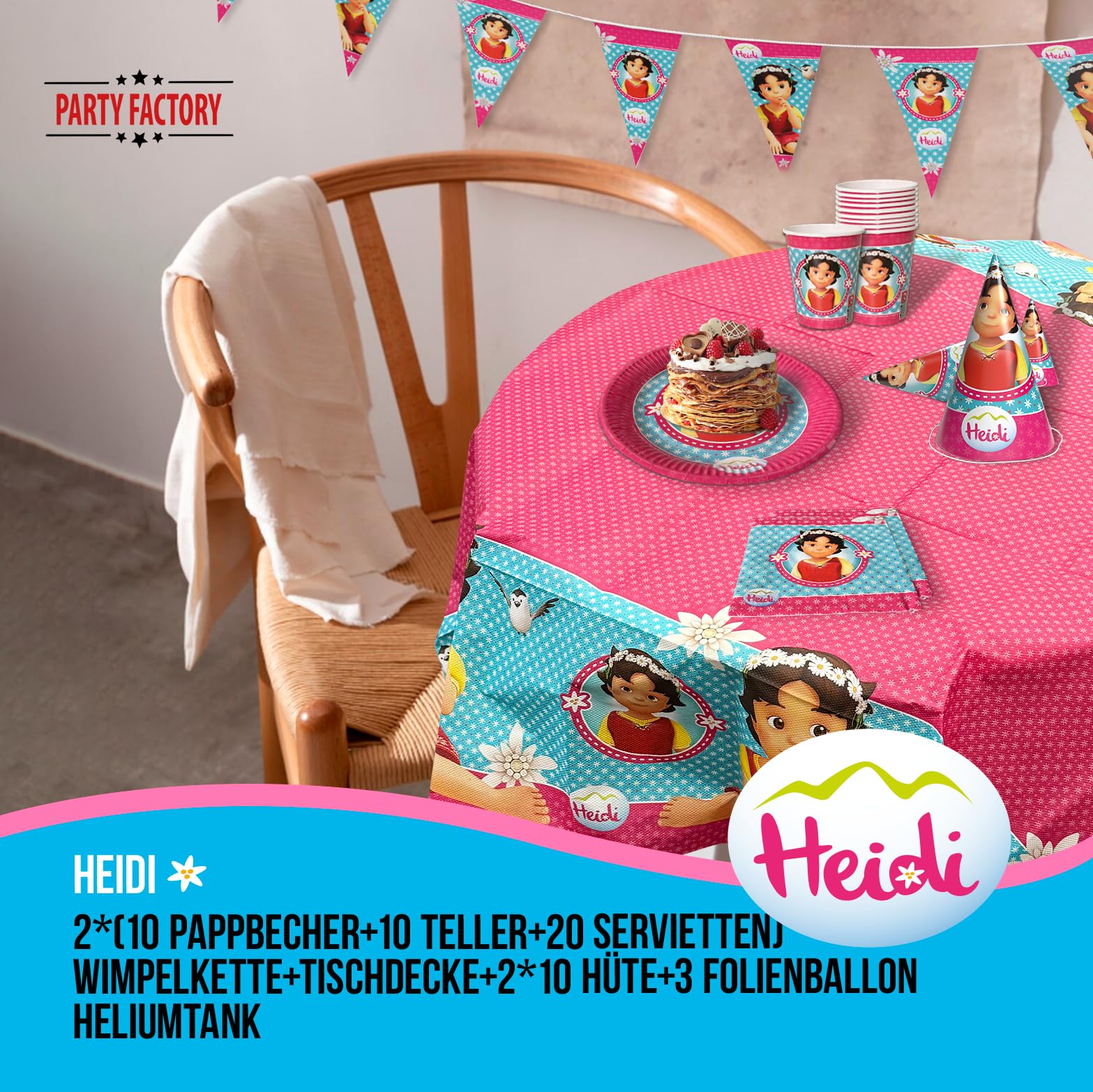 Heidi – Zeichentrick Geburtstagsdeko Komplettset für Kinder - 63 tlg. Tischdeko Pappgeschirr mit Wimpelkette für Kindergeburtstag & Mottopartys - Party Deko Bundle mit Tellern, Servietten etc.