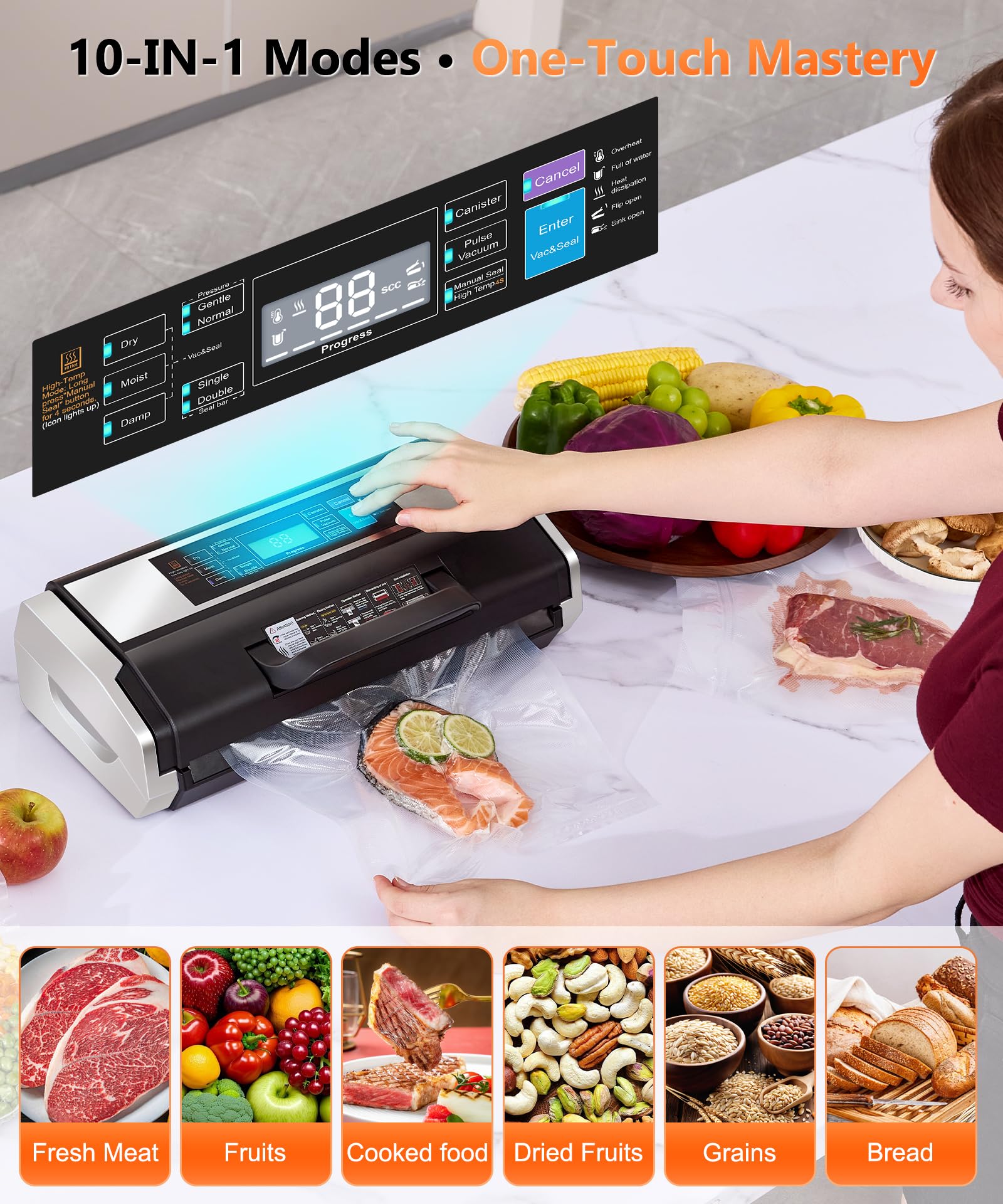 95KPa Vacuum Sealer Machine- Fully Automatic Commercial Food Sealer with 10-in-1 System, Double Heat Seal, Easy-Lock Handle & Built-in Cutter, Includes 1 Roll + 15 Bags (Black Silver) - 3