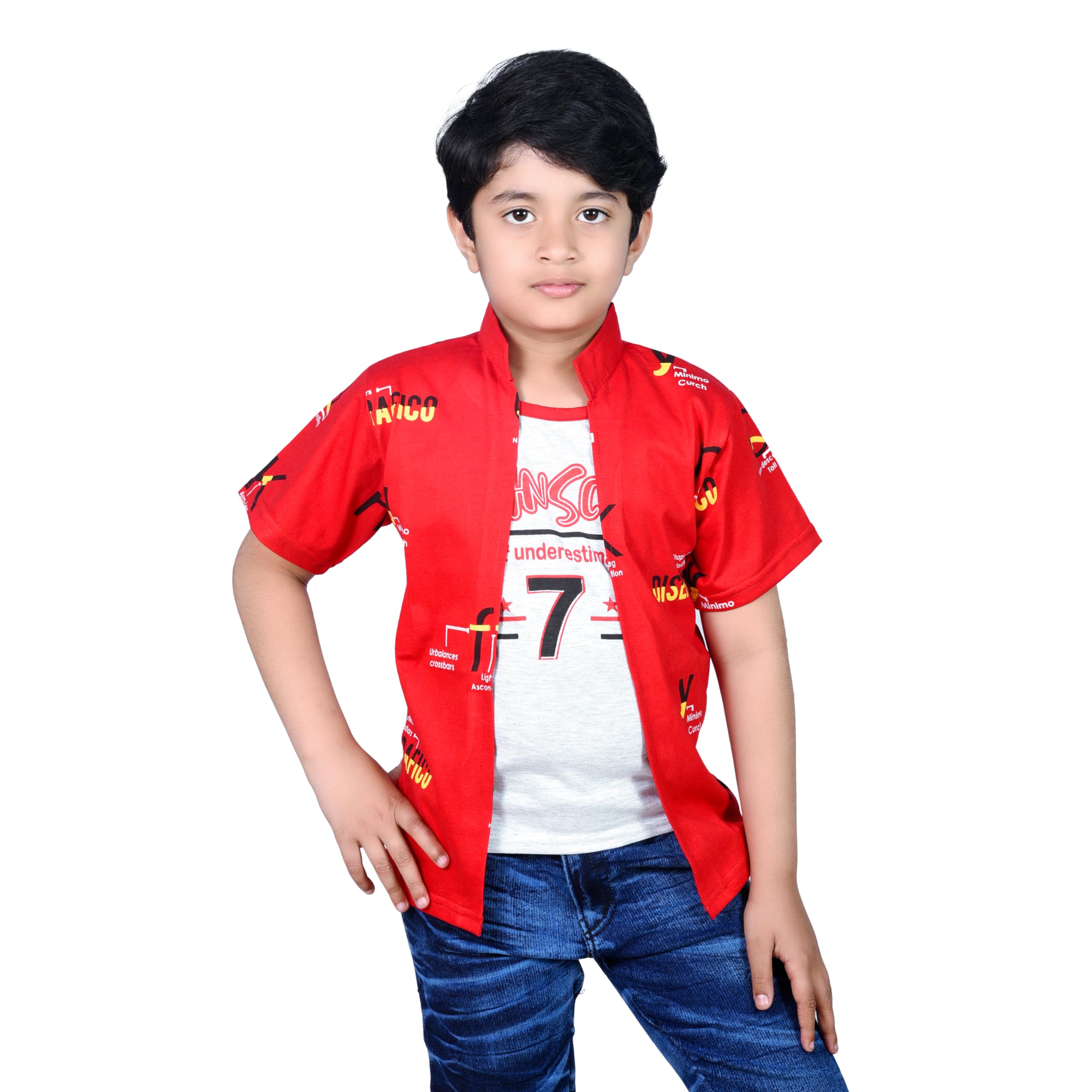 star designer boys cotton printed half sleeve 7 one red t-shirt with attached shrug jacket (red, 9-10 years)