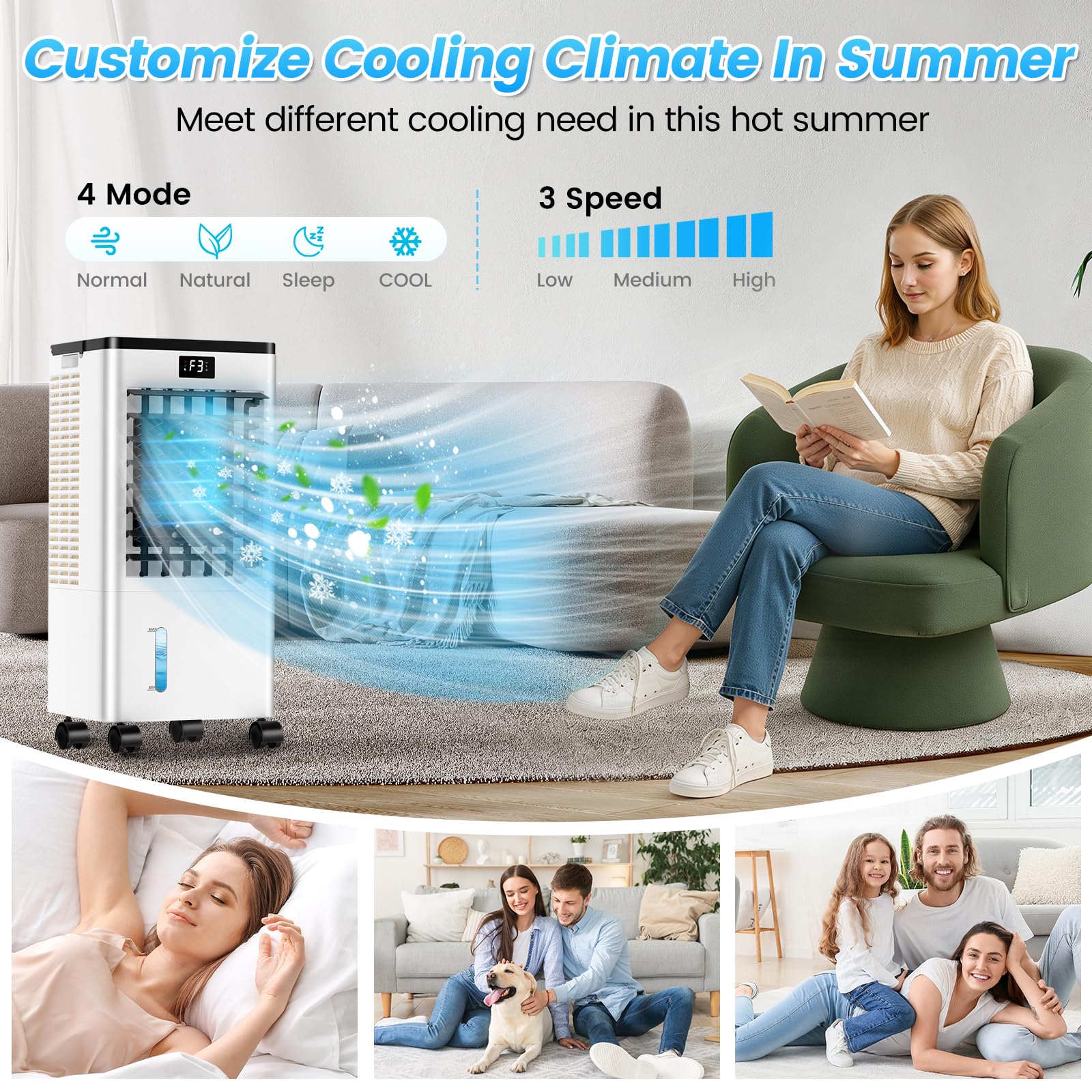 Climatiseur Mobile Silencieux, Refroidisseur d'air Climatiseurs Portables Économie d'énergie Ventilateur Humidificateur, Télécommande, Minuterie, pour Maison Bureau Chambre