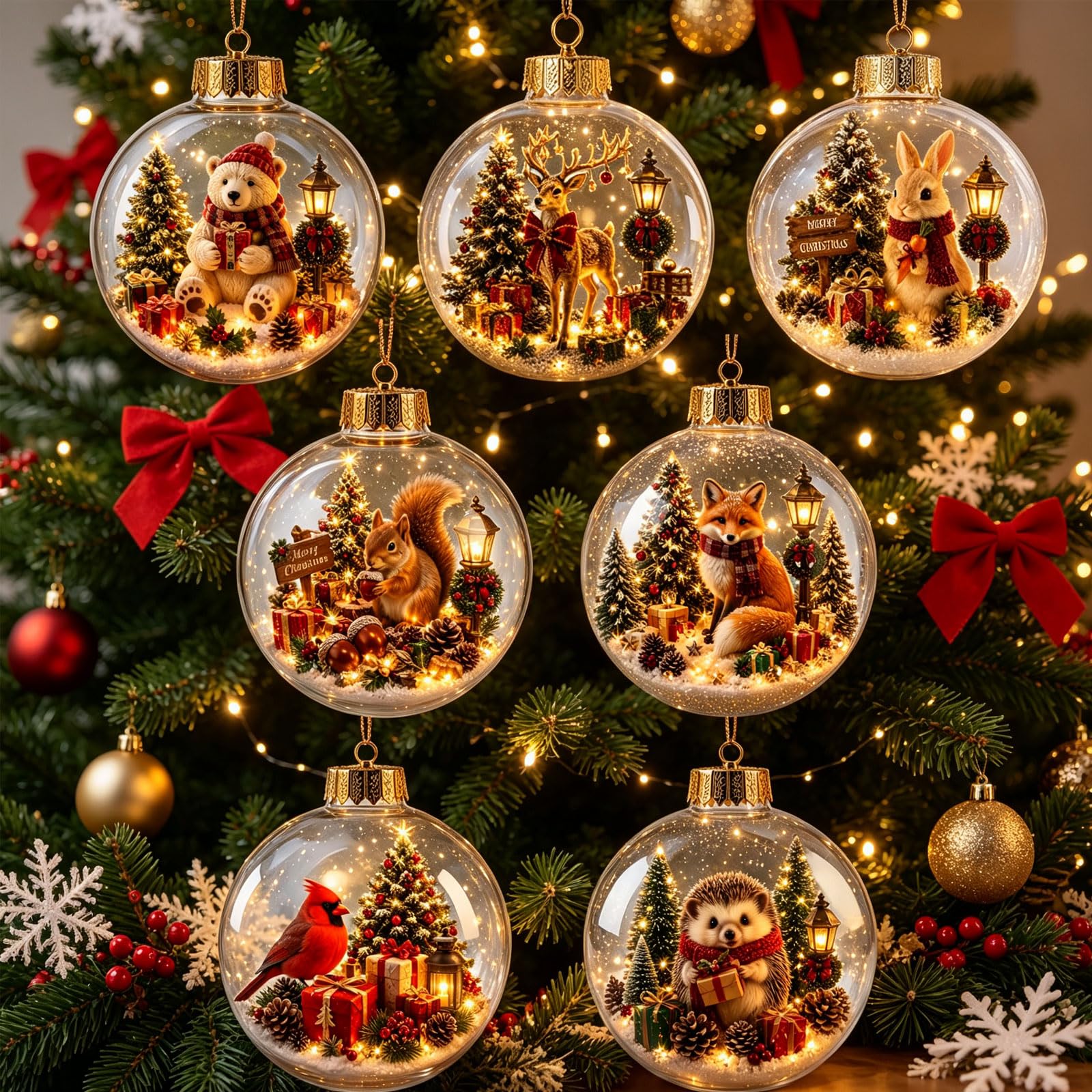 7pcs Glowing Christmas Ornament, Light-up Mini Animals Design