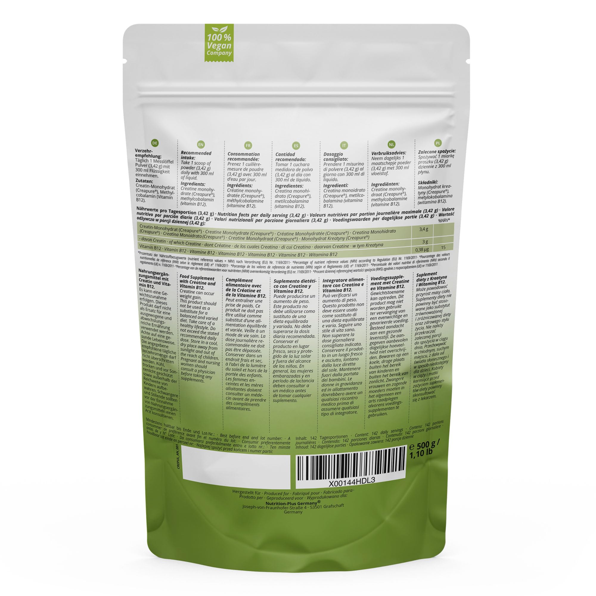 Nutri + Creapure 500g - Creatin Monohydrat Pulver - 100% rein - Ultrafeines Kreatin Neutral hochdosiert - Creatine Powder Vegan aus Deutschland