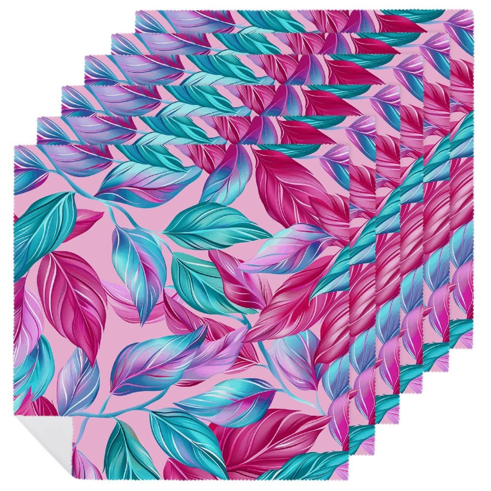 Lot de 6 serviettes de table absorbantes lavables motif feuille cyan tissu
