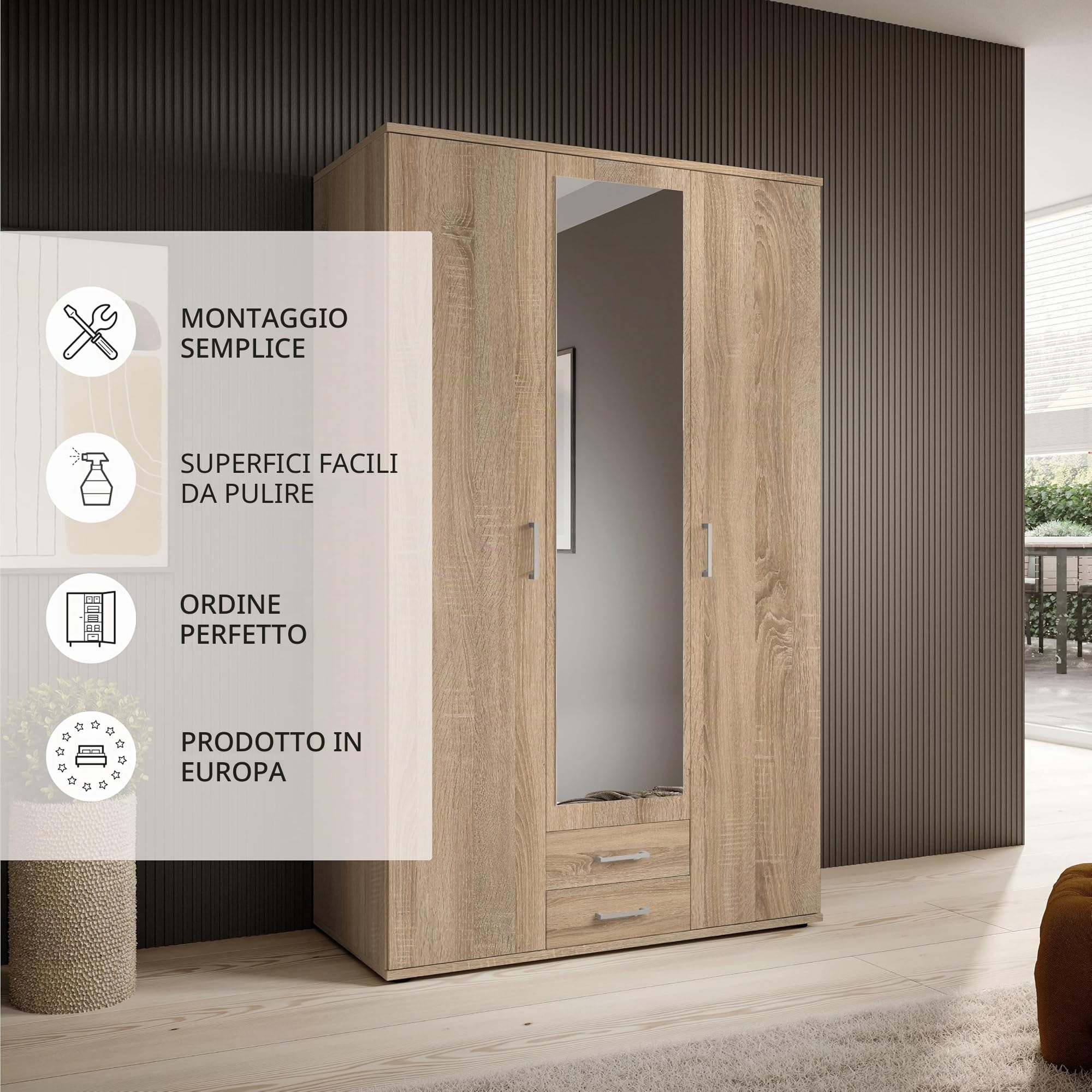 KARL, Elegante armadio a 3 ante molto capiente, versatile in effetto rovere Sonoma con anta a specchio, 120 x 195 x 55 cm