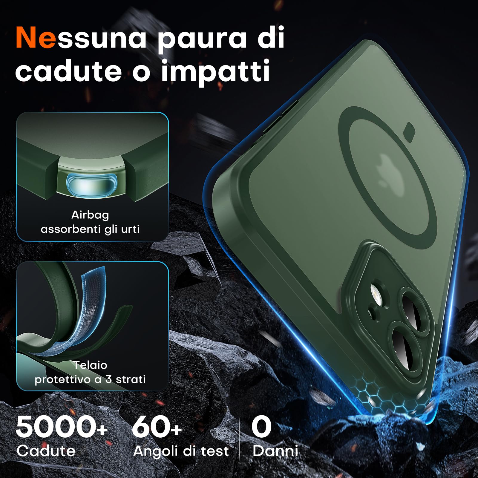 TOCOL Cover Magnetica per iPhone 12 6,1 Pollic, Compatibile con MagSafe, Protezione Fotocamera Integrata, Custodia Antiurto Traslucida Opaca, Verde Alpino