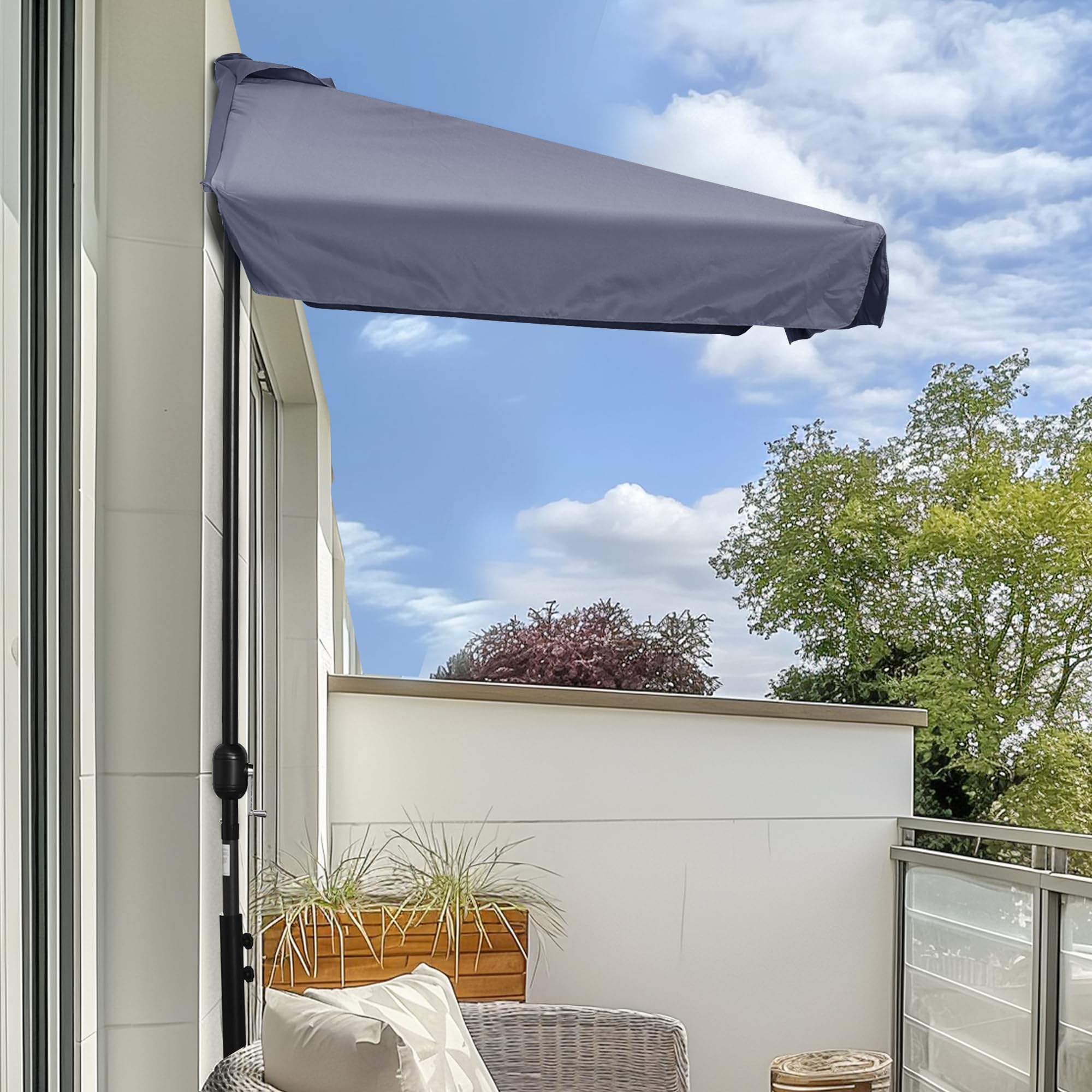 Outsunny Ombrellone Semicircolare per Parete con Manovella 2.3x1.3m | da Terrazza, Giardino e Balcone, Ombrellone in Metallo, Tessuto in Poliestere 180g/m²