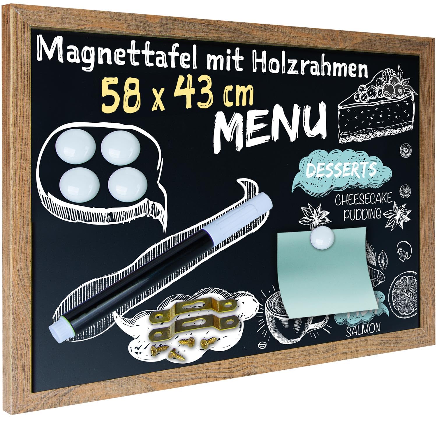 GOODS+GADGETS® Tableau Ardoise Magnétique Mural - Cadre Bois 43x58 cm | Crayon craie + 4 aimants inclus - surface laquée effaçable - 2 tailles au choix - montage facile
