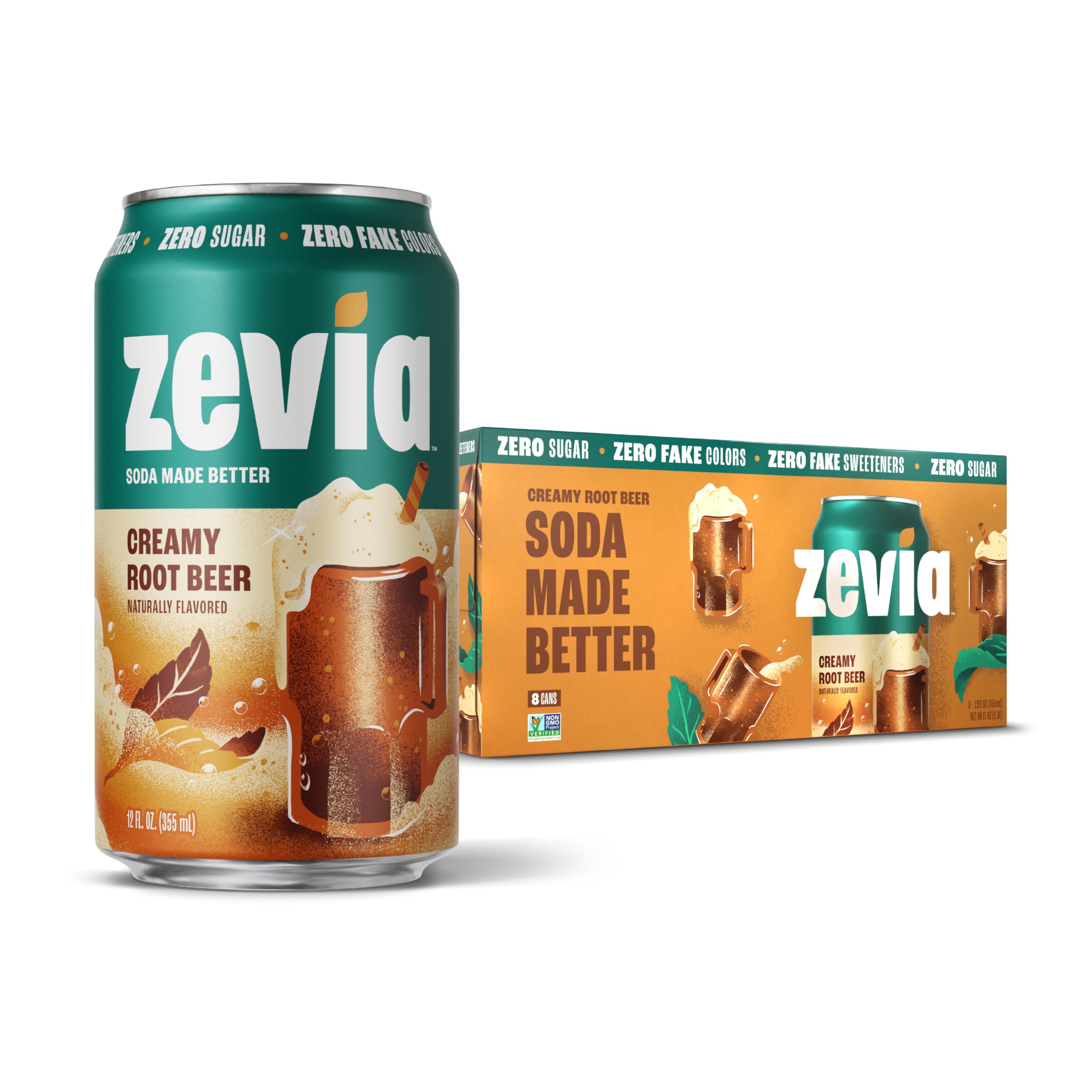 Zevia Zero Sugar Soda, Creamy Root Beer, 12 oz Cans (8-Pack) – Naturally Sweetened, Non-GMO Project Verified, Gluten-Free, Vegan