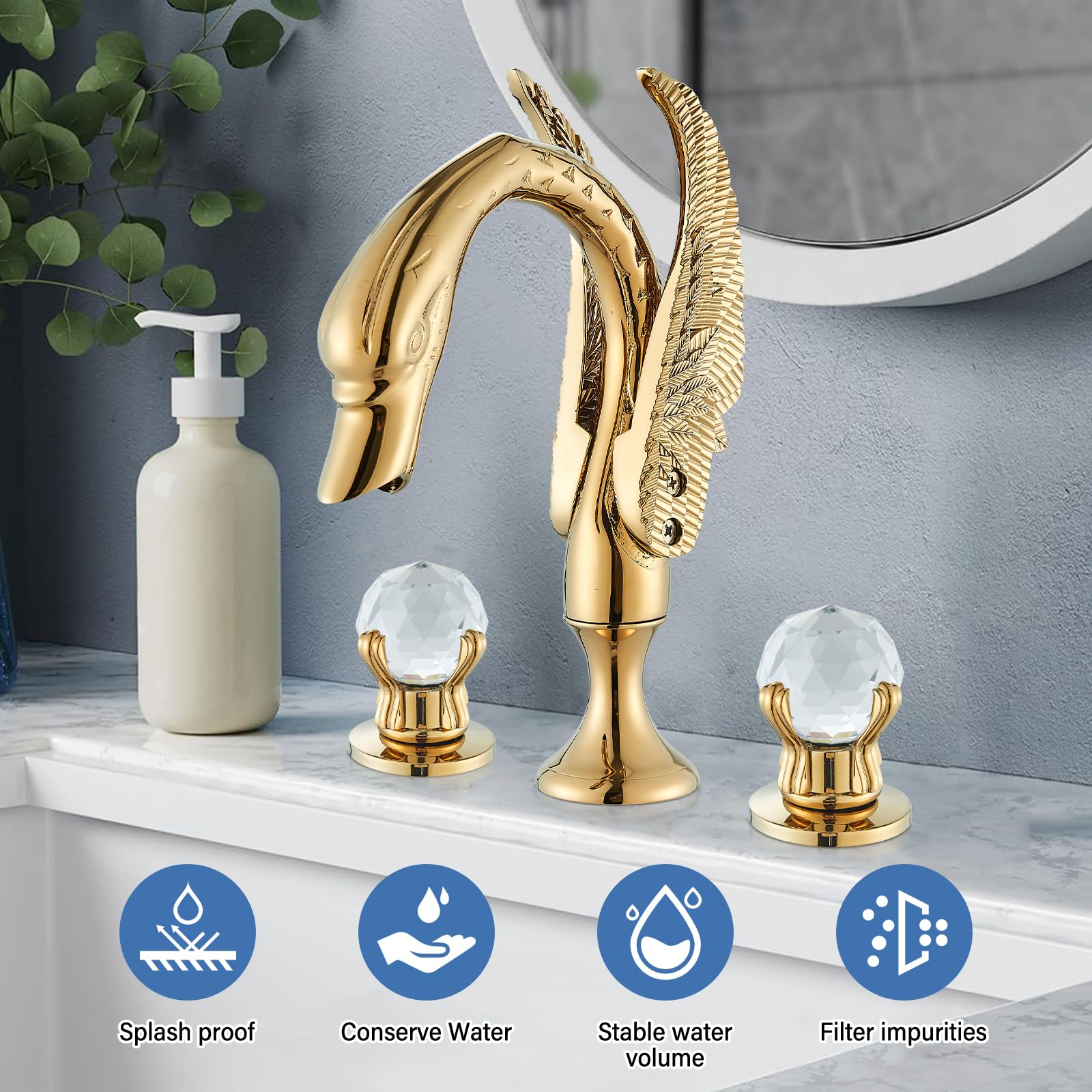Widespread Bathroom Facuet Gold Swan Bathroom Sink Faucet 3 Hole 2 Handle Crystal Bathroom Vanity Faucets Modern Faucet — view 3