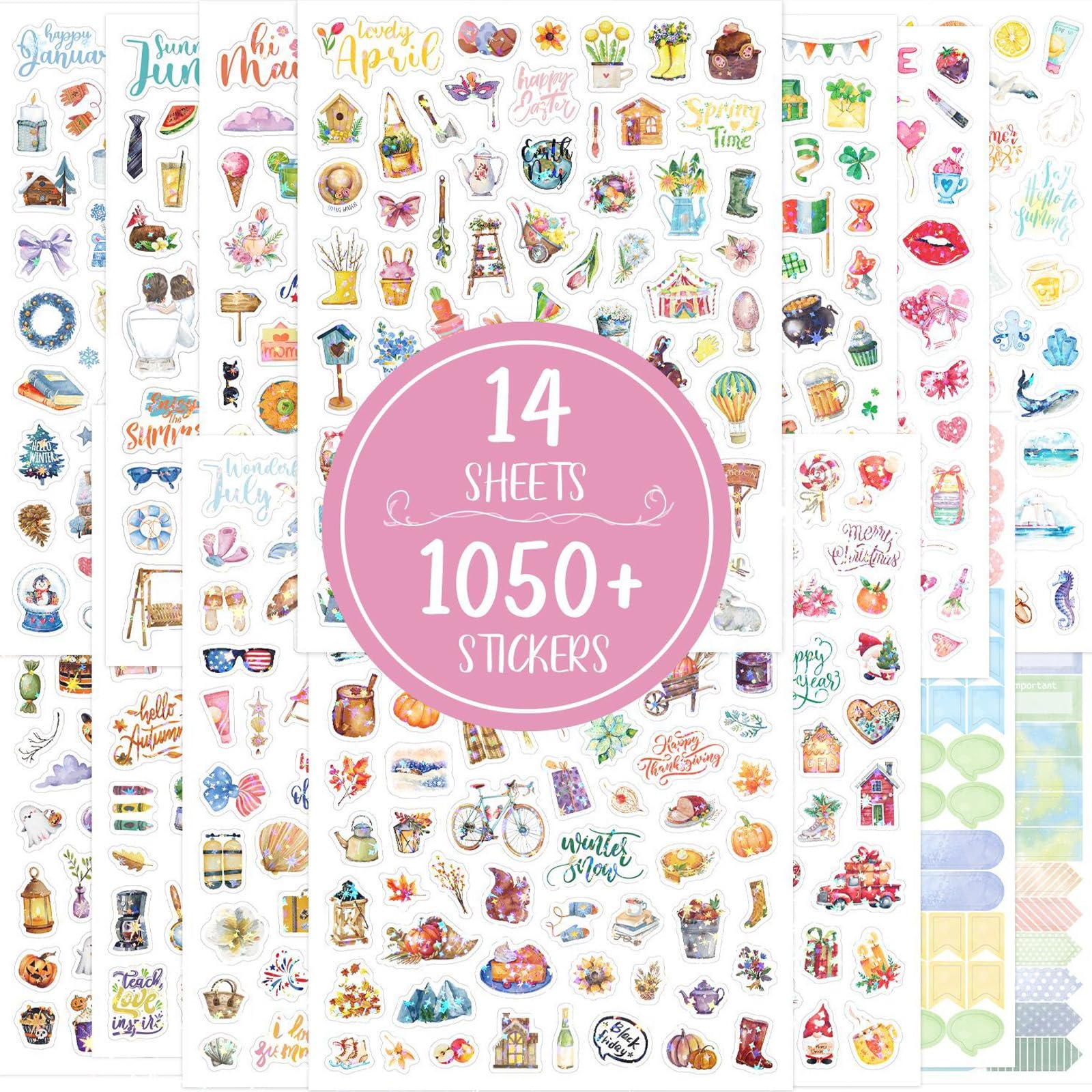 14 Sheets Planner Stickers with 1200+ Vibrant Seasonal Unique Journal Stickers Monthly Calendar Motivational Decals for Adults
