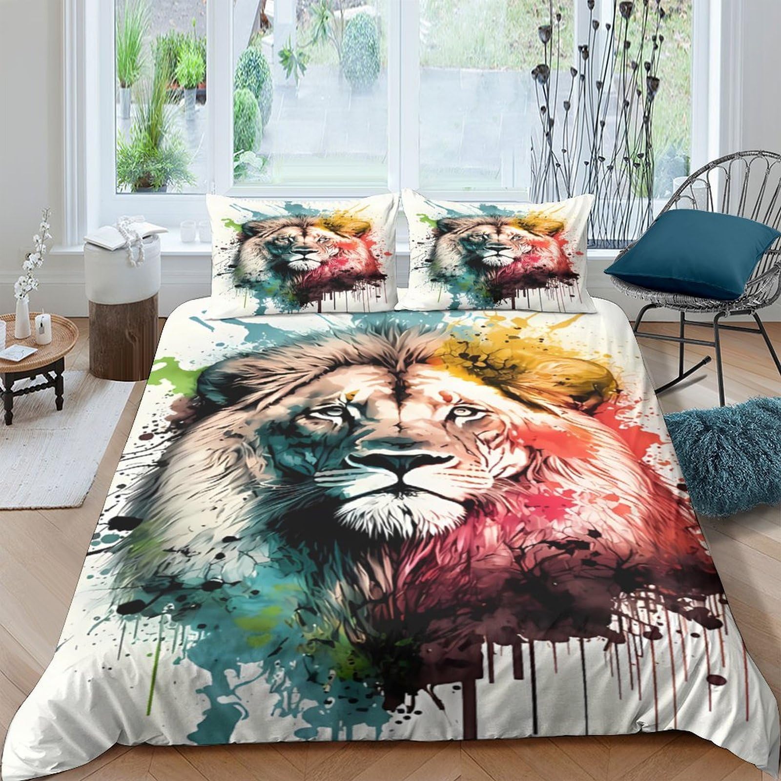 Ctjqhvkz Style-5 3D Printed Watercolor Lion Fitted Sheet Microfiber Soft Anti-Slip Mattress Cover For Bedroom Dorm Decor Easy Care Single（135X200cm）