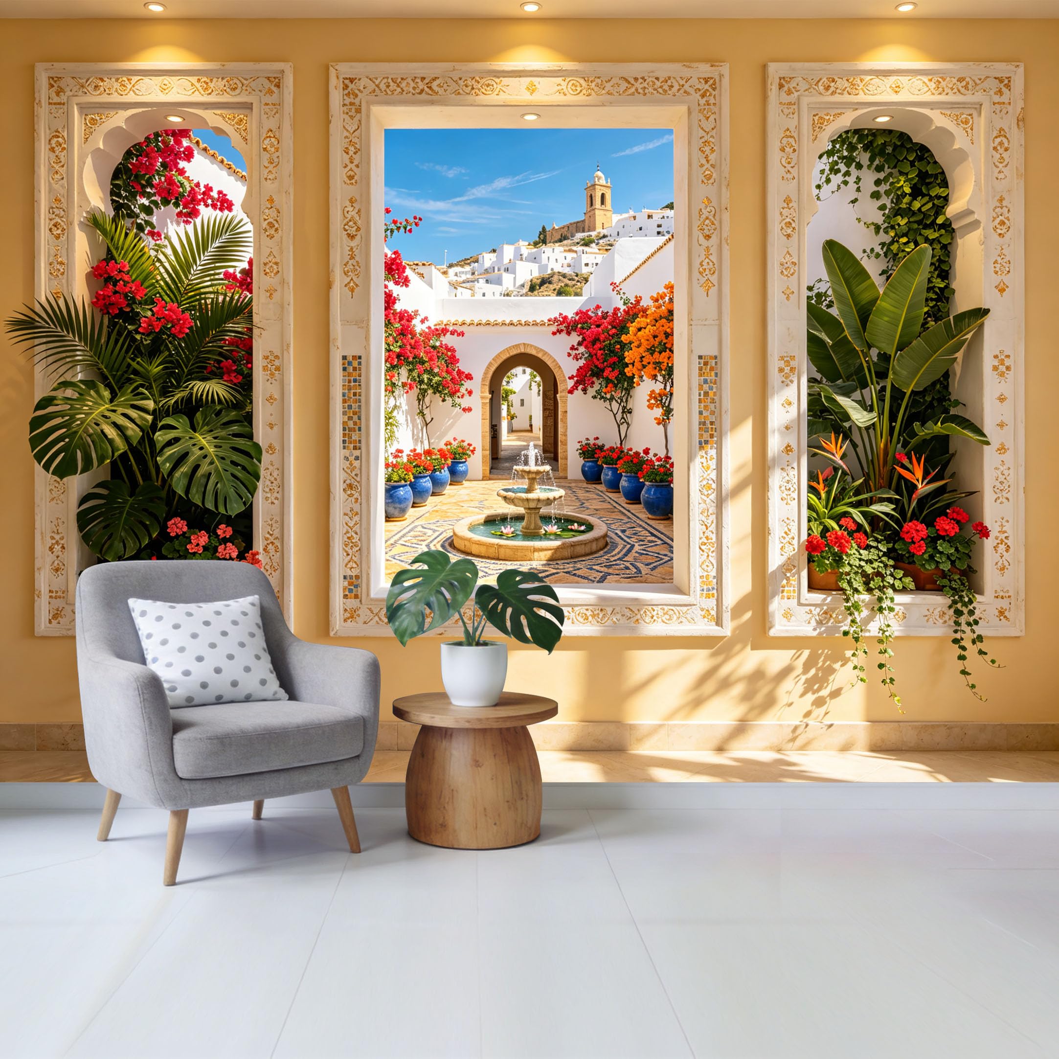 Custom Size Wall Mural Mediterranean Courtyard Fountain Floral Botanical Architecture Removable Self Adhesive Fabric Home Wall Decor for Living Room Bedroom Bathroom